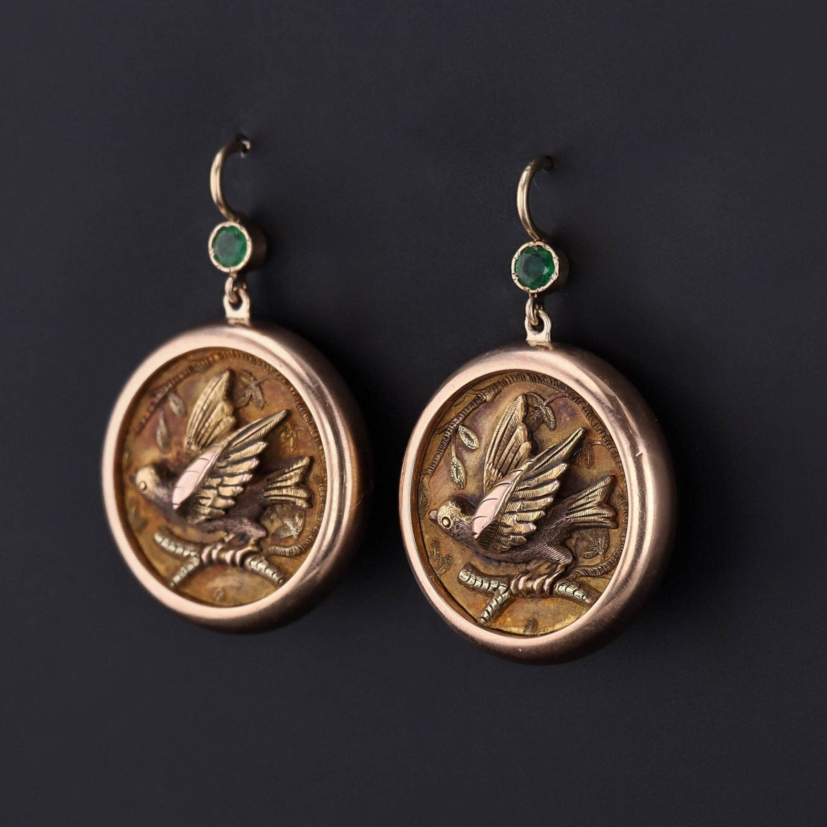 Antique Emerald Bird Conversion Earrings of 14k Gold - Trademark Antiques