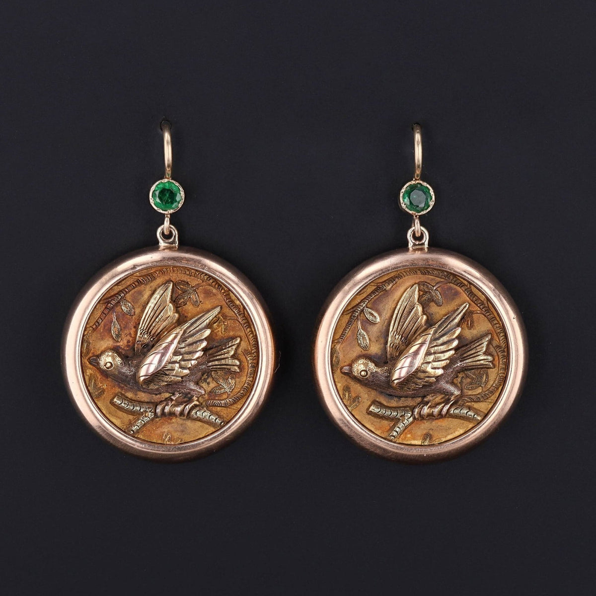 Antique Emerald Bird Conversion Earrings of 14k Gold - Trademark Antiques