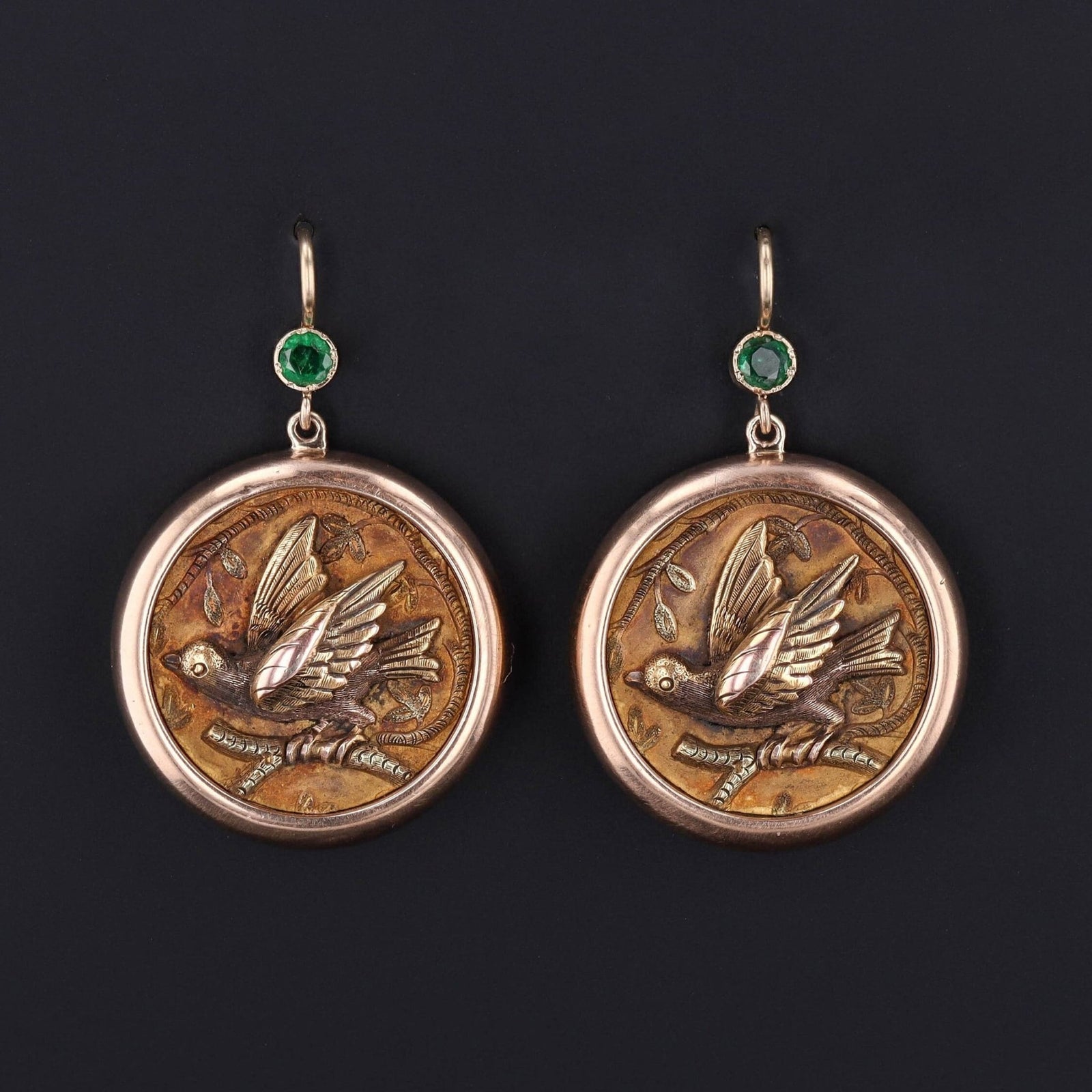 Antique Emerald Bird Conversion Earrings of 14k Gold - Trademark Antiques