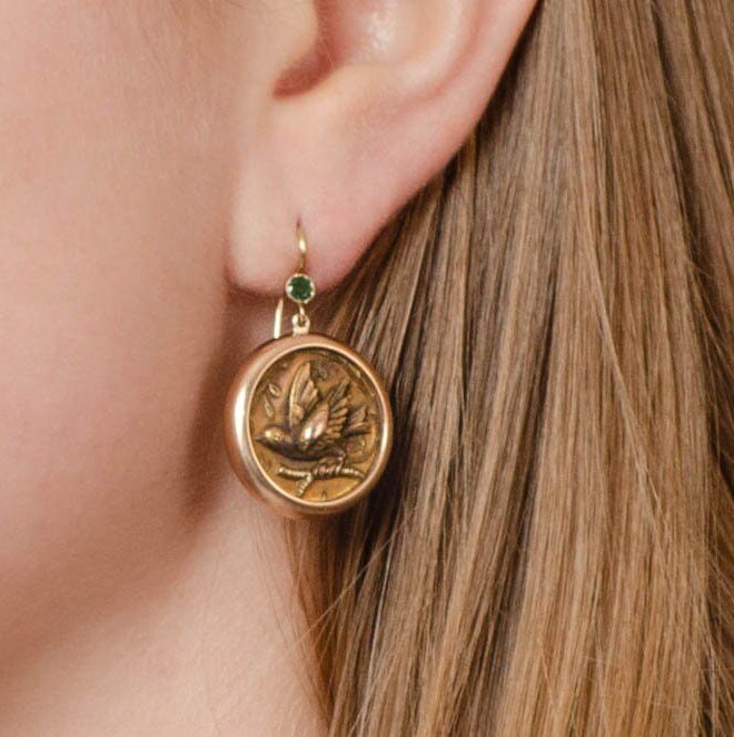 Antique Emerald Bird Conversion Earrings of 14k Gold - Trademark Antiques