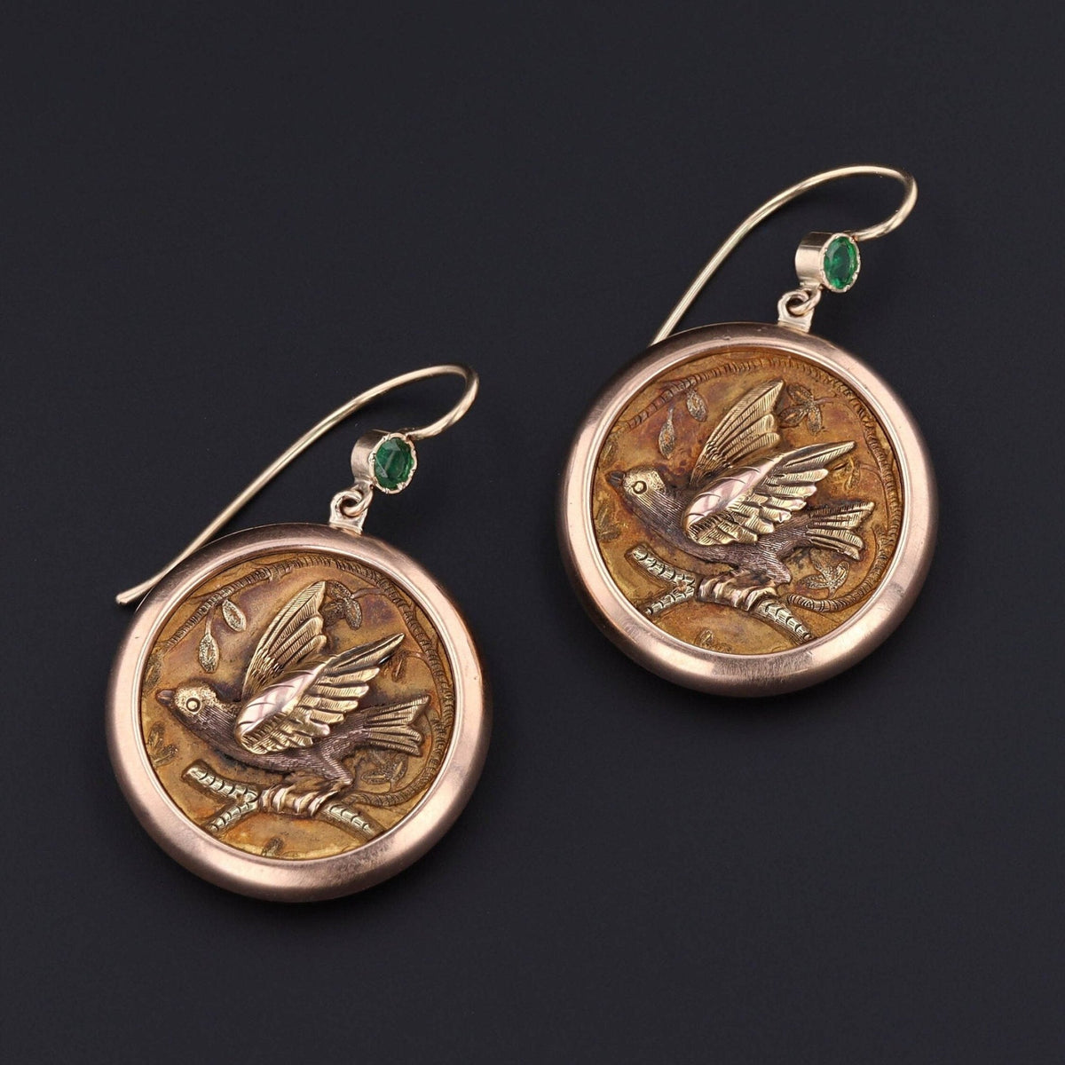 Antique Emerald Bird Conversion Earrings of 14k Gold - Trademark Antiques