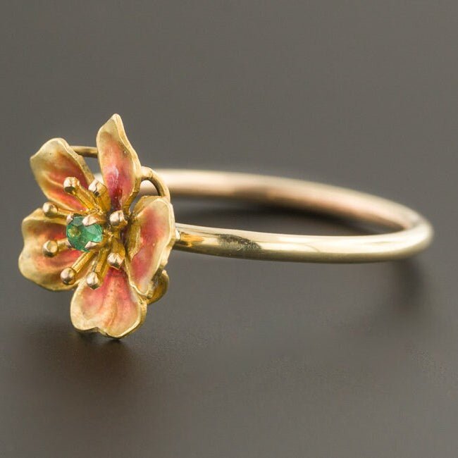 Antique Emerald &amp; Enamel Flower Conversion Ring of 10k Gold - Trademark Antiques