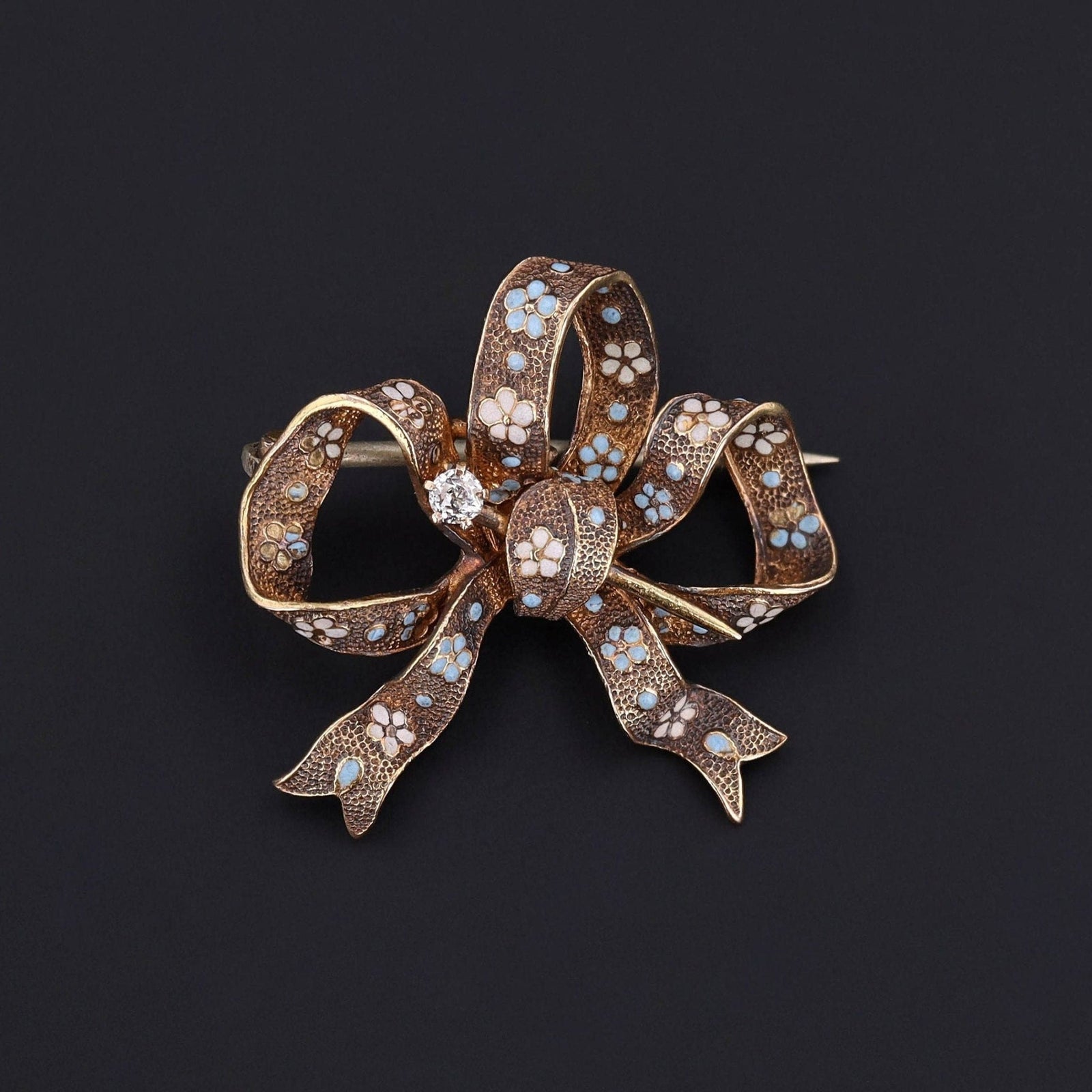 Antique Enamel and Diamond Bow Brooch of 14k Gold - Trademark Antiques