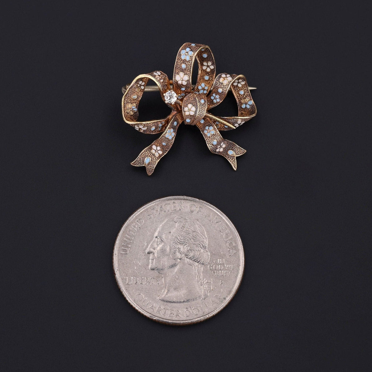 Antique Enamel and Diamond Bow Brooch of 14k Gold - Trademark Antiques