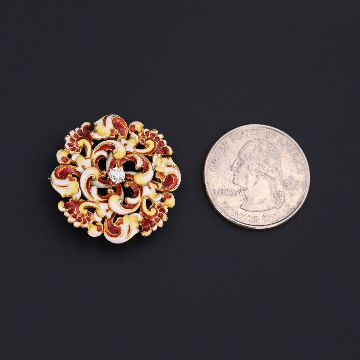 Antique Enamel and Diamond Brooch of 14k Gold - Trademark Antiques