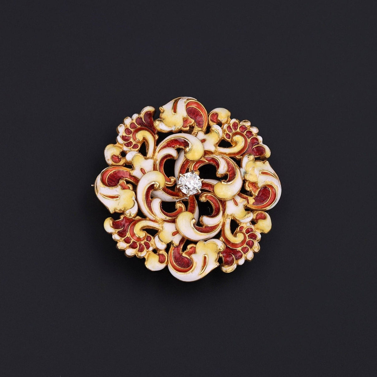 Antique Enamel and Diamond Brooch of 14k Gold - Trademark Antiques