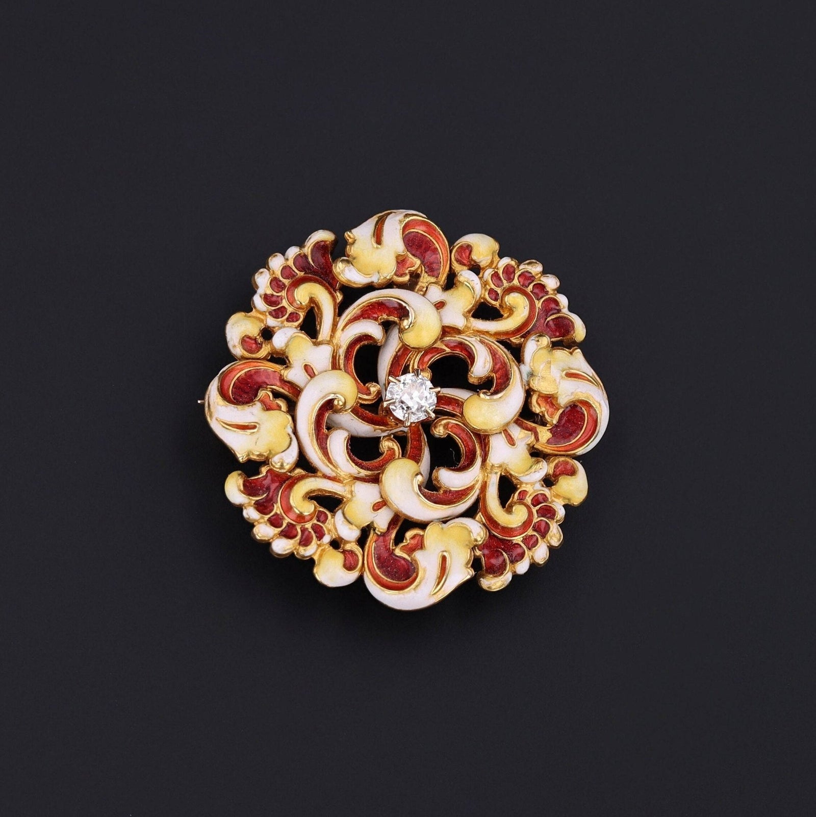 Antique Enamel and Diamond Brooch of 14k Gold - Trademark Antiques