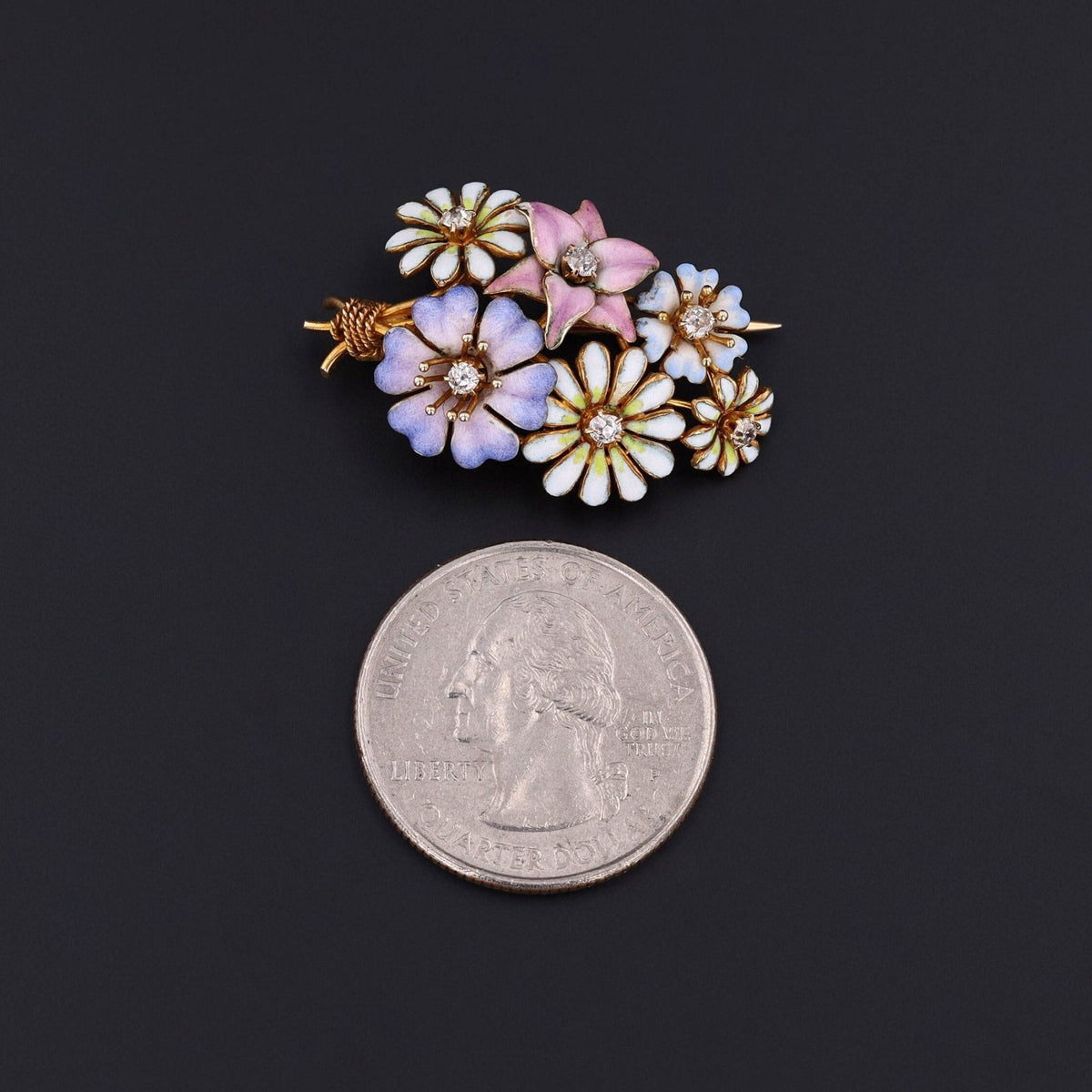 Antique Enamel and Diamond Flower Bouquet Brooch of 14k Gold - Trademark Antiques