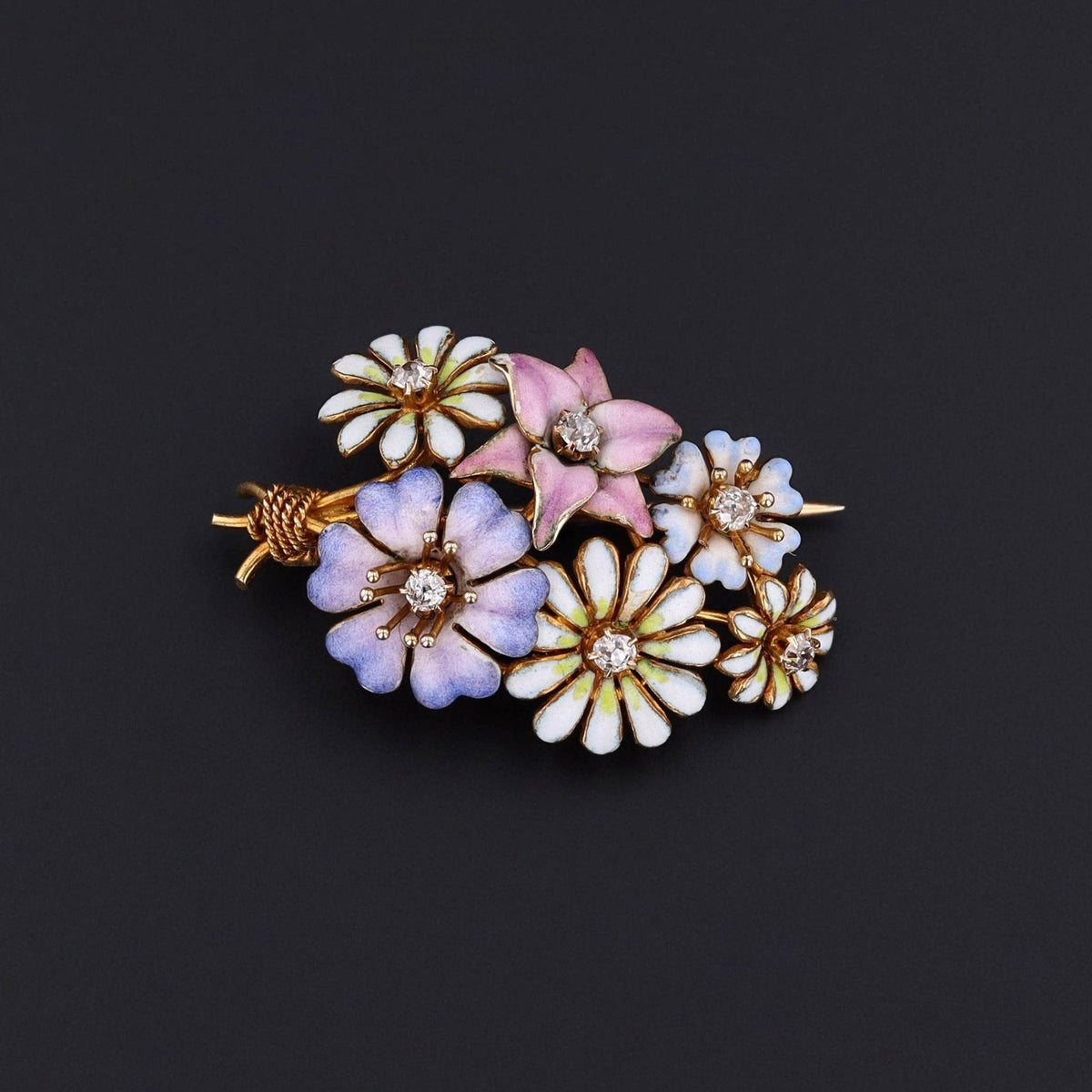 Antique Enamel and Diamond Flower Bouquet Brooch of 14k Gold - Trademark Antiques