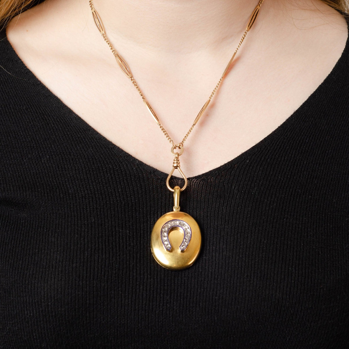 Antique Enamel and Diamond Horseshoe Locket of 14k Gold - Trademark Antiques