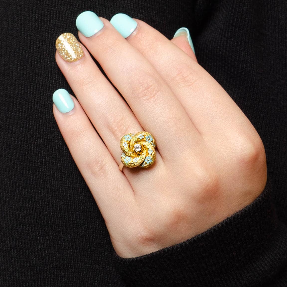 Antique Enamel and Diamond Love Knot Conversion Ring of 14k Gold - Trademark Antiques