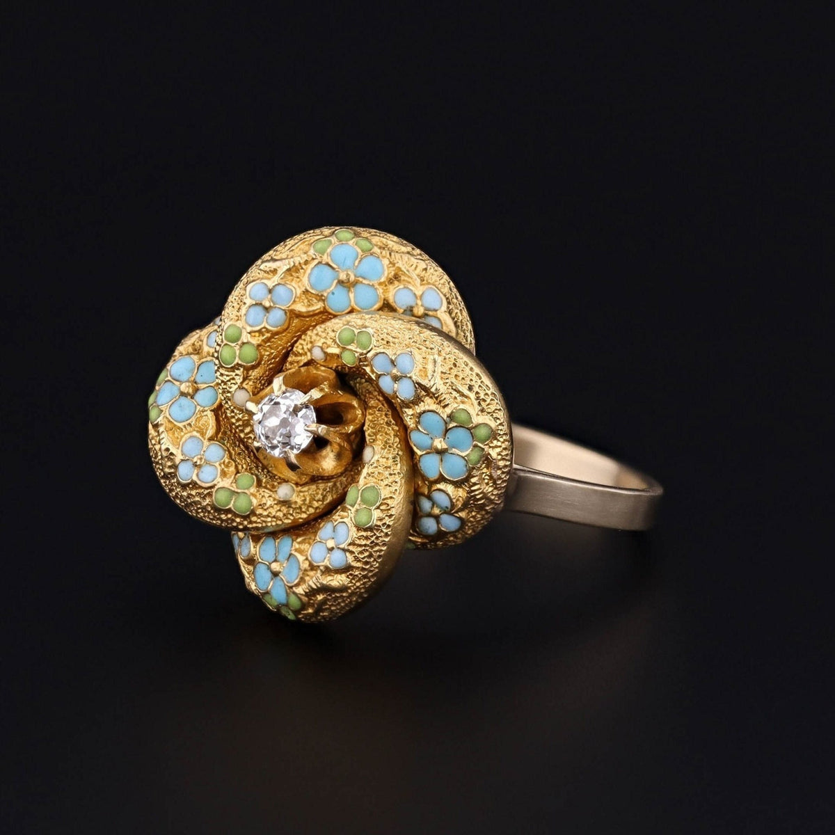 Antique Enamel and Diamond Love Knot Conversion Ring of 14k Gold - Trademark Antiques