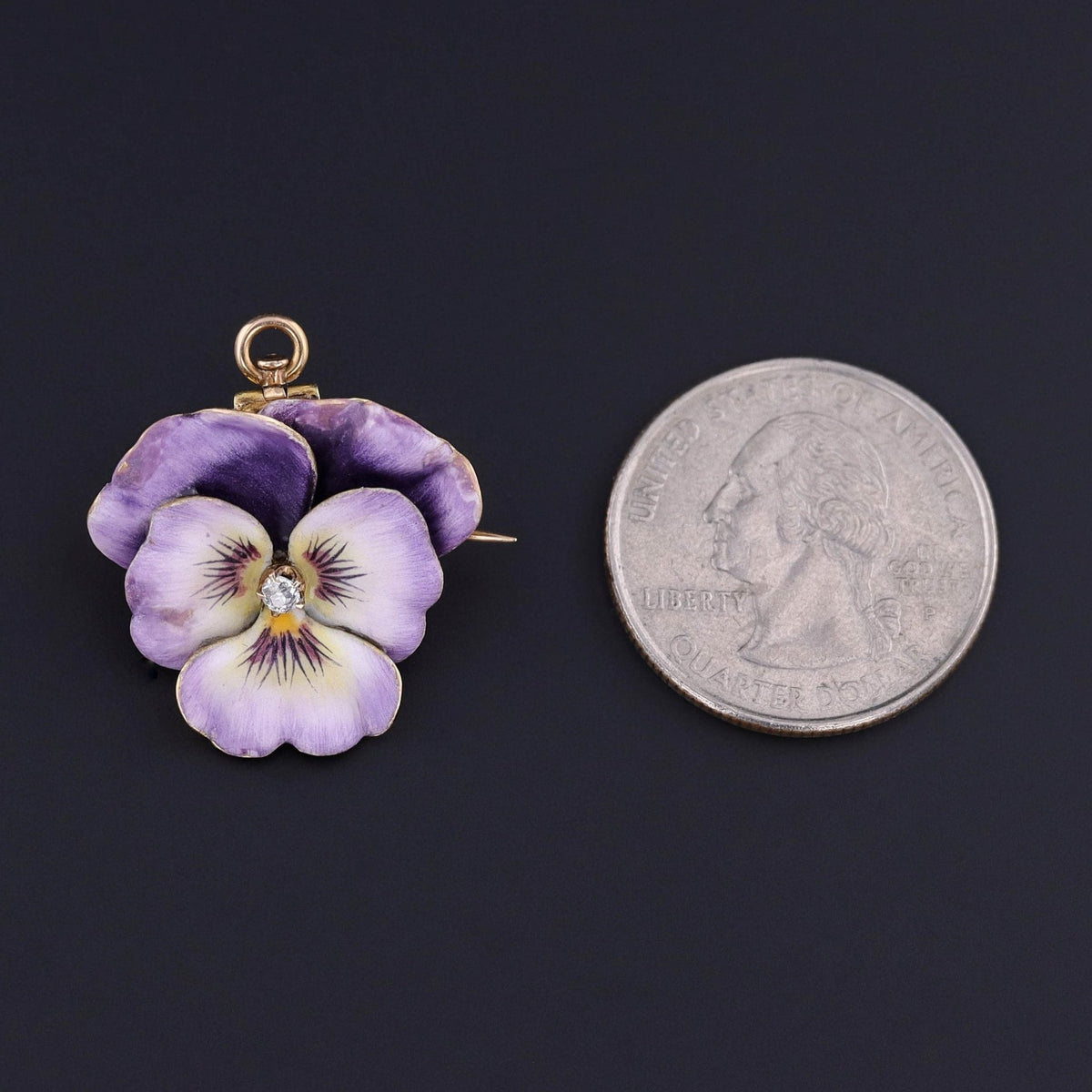 Antique Enamel and Diamond Pansy Brooch or Pendant of 14k Gold - Trademark Antiques