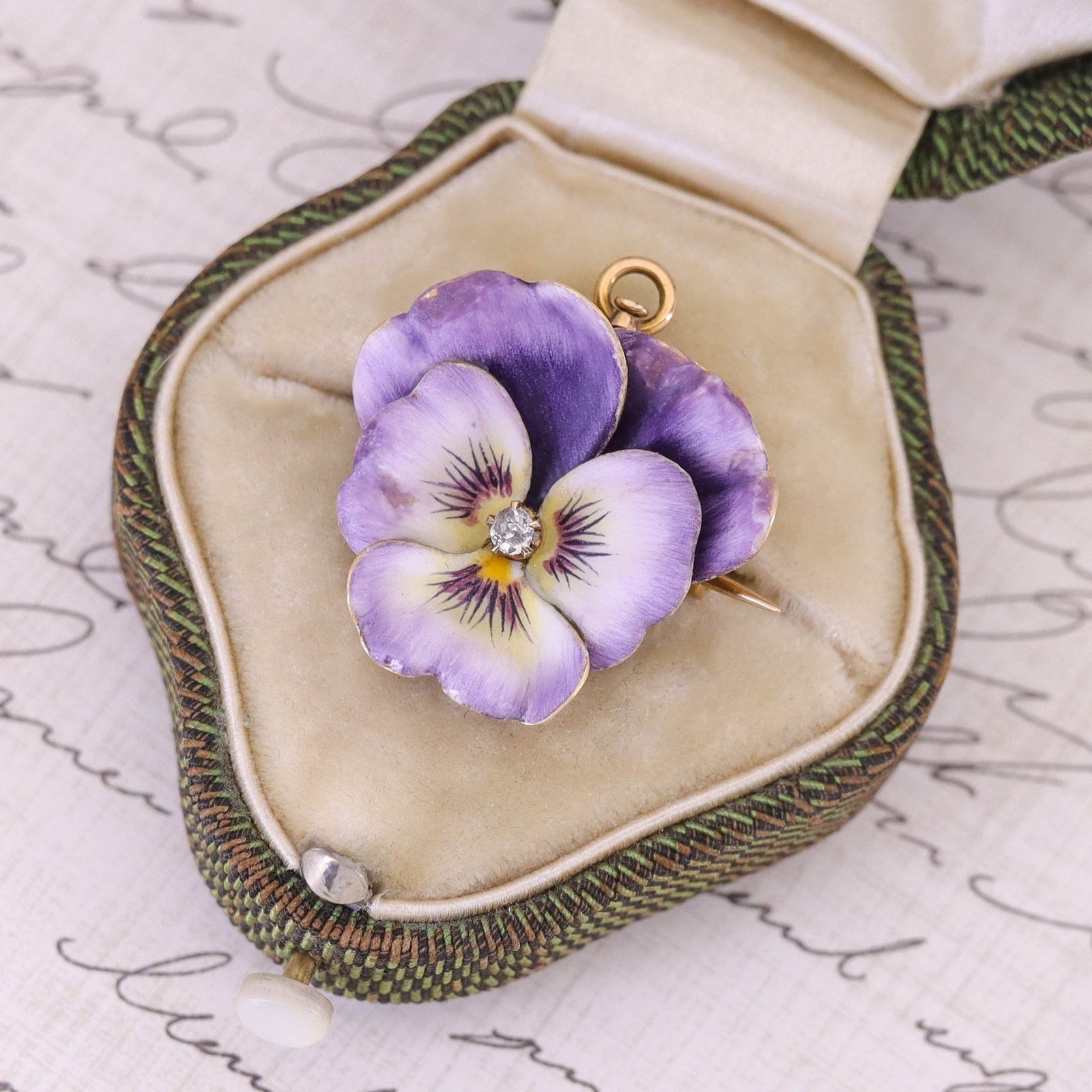 Antique Enamel and Diamond Pansy Brooch or Pendant of 14k Gold - Trademark Antiques