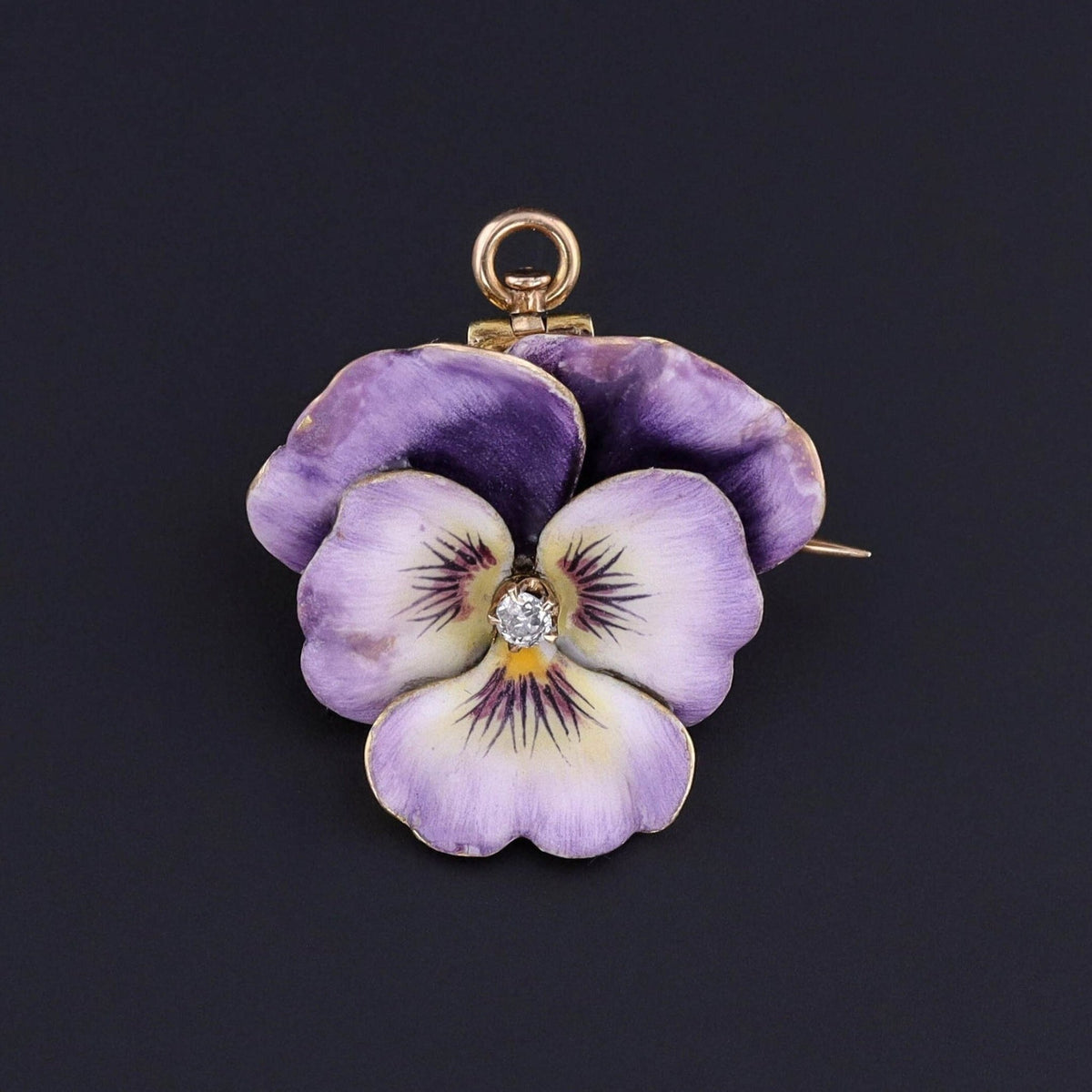 Antique Enamel and Diamond Pansy Brooch or Pendant of 14k Gold - Trademark Antiques