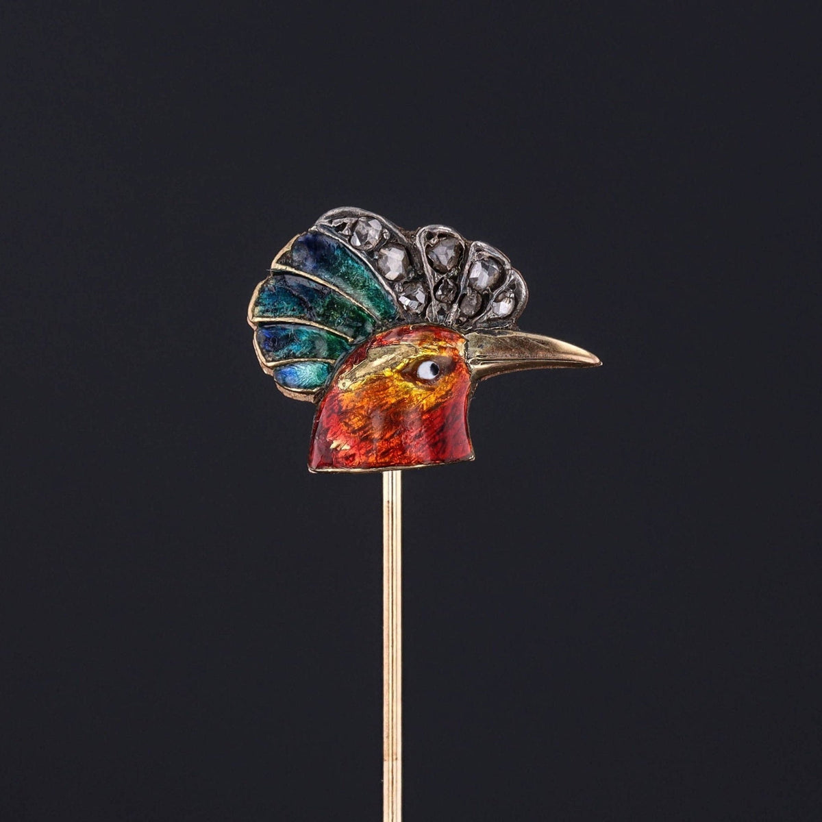 Antique Enamel and Diamond Rooster Stickpin of 14k Gold - Trademark Antiques