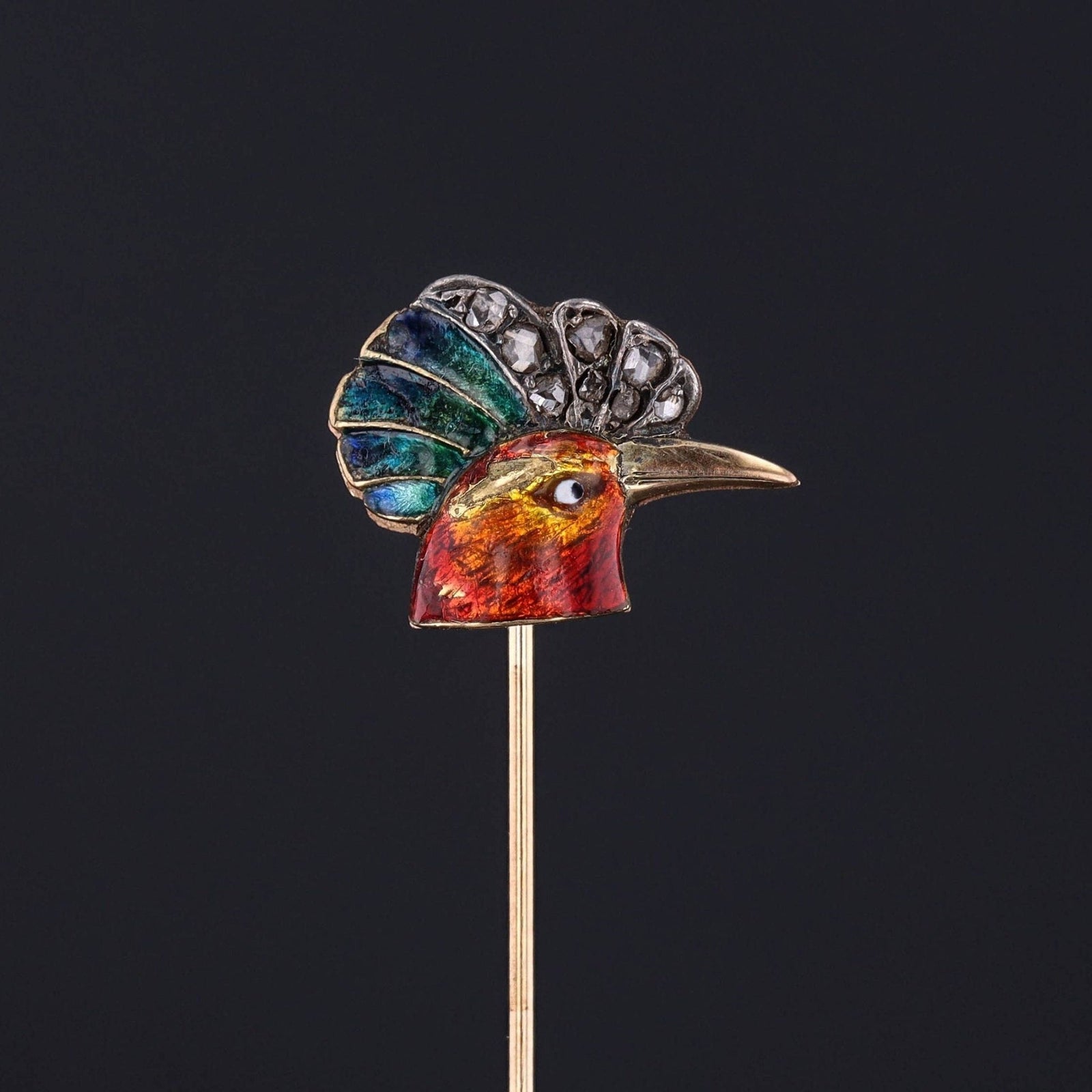 Antique Enamel and Diamond Rooster Stickpin of 14k Gold - Trademark Antiques