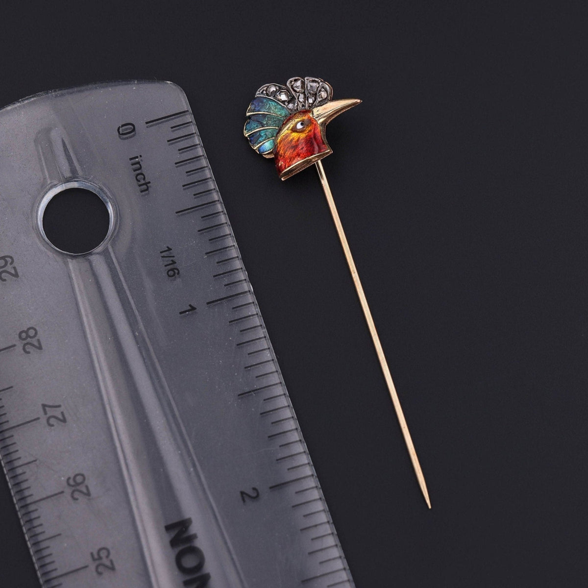 Antique Enamel and Diamond Rooster Stickpin of 14k Gold - Trademark Antiques