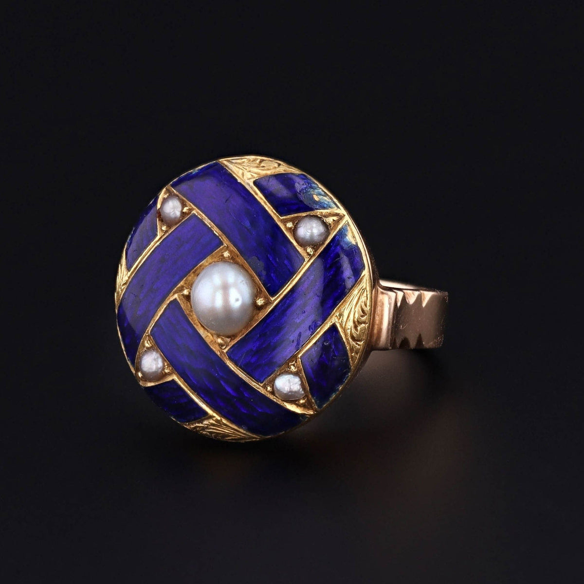 Antique Enamel and Pearl Button Conversion Ring of 14k Gold - Trademark Antiques