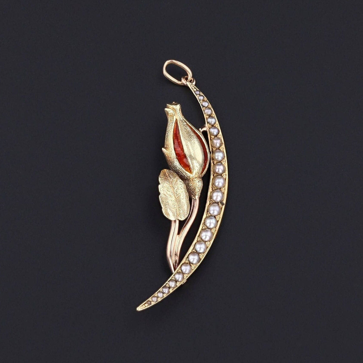 Antique Enamel and Pearl Crescent Pendant of 14k Gold - Trademark Antiques