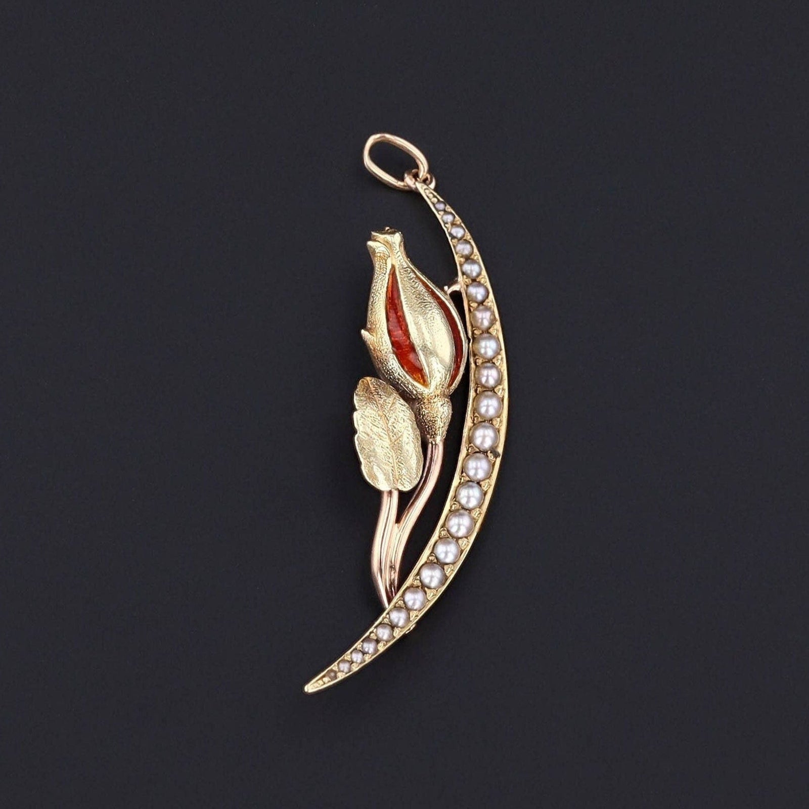 Antique Enamel and Pearl Crescent Pendant of 14k Gold - Trademark Antiques