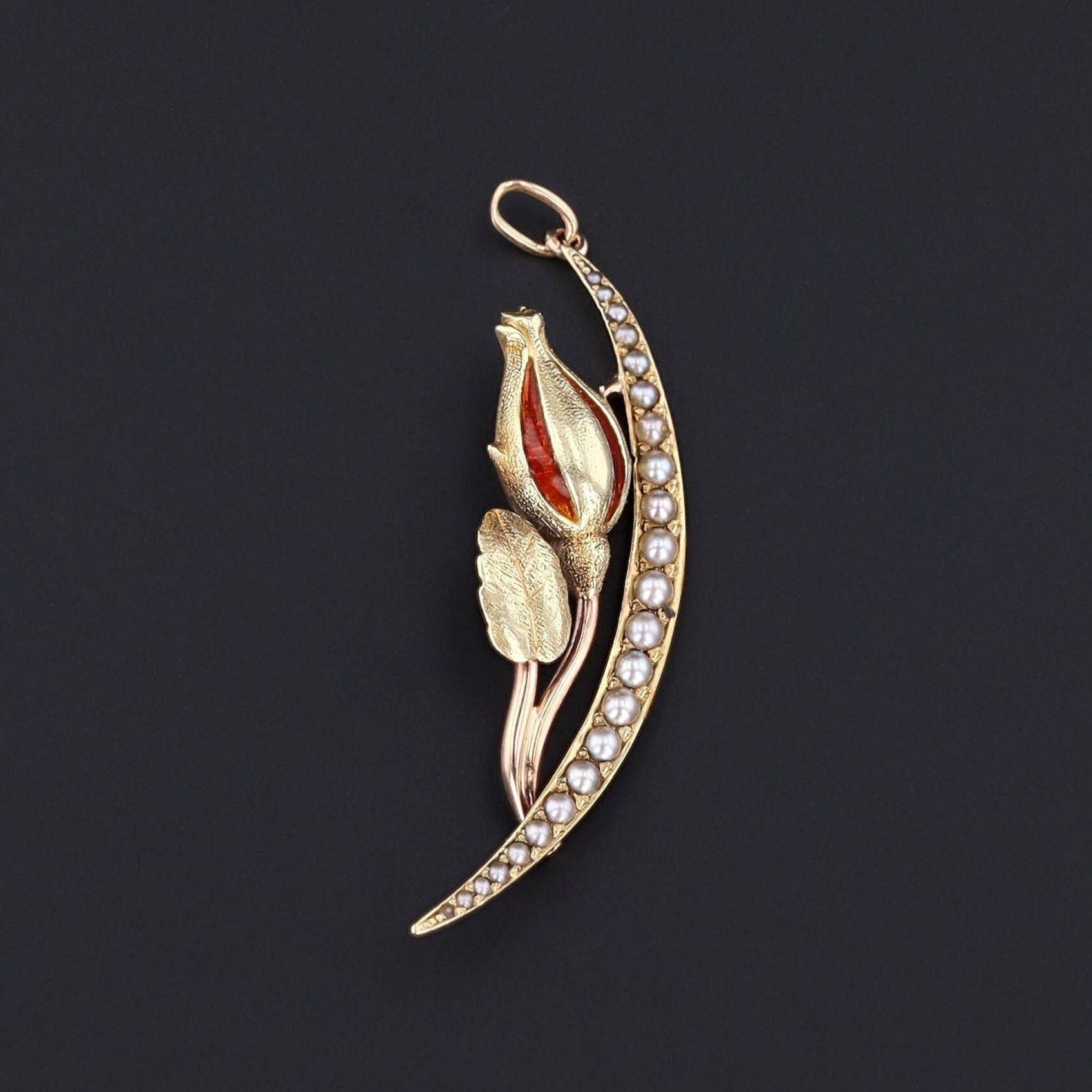Antique Enamel and Pearl Crescent Pendant of 14k Gold - Trademark Antiques