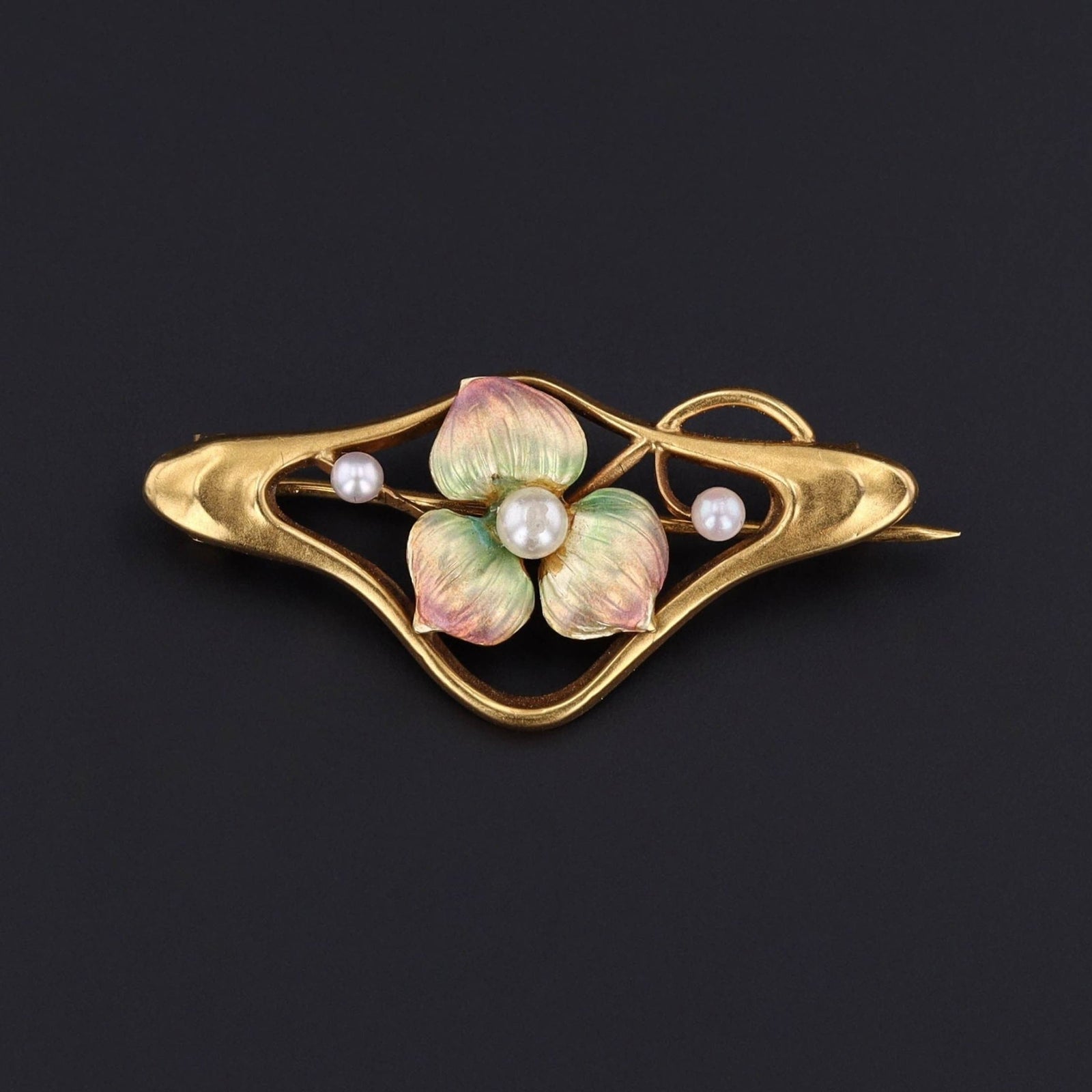 Antique Enamel and Pearl Flower Brooch of 9ct Gold - Trademark Antiques