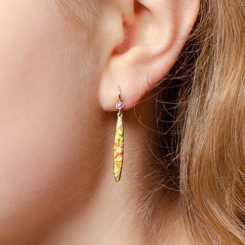 Antique Enamel and Pink Sapphire Conversion Earrings of 14k Gold - Trademark Antiques