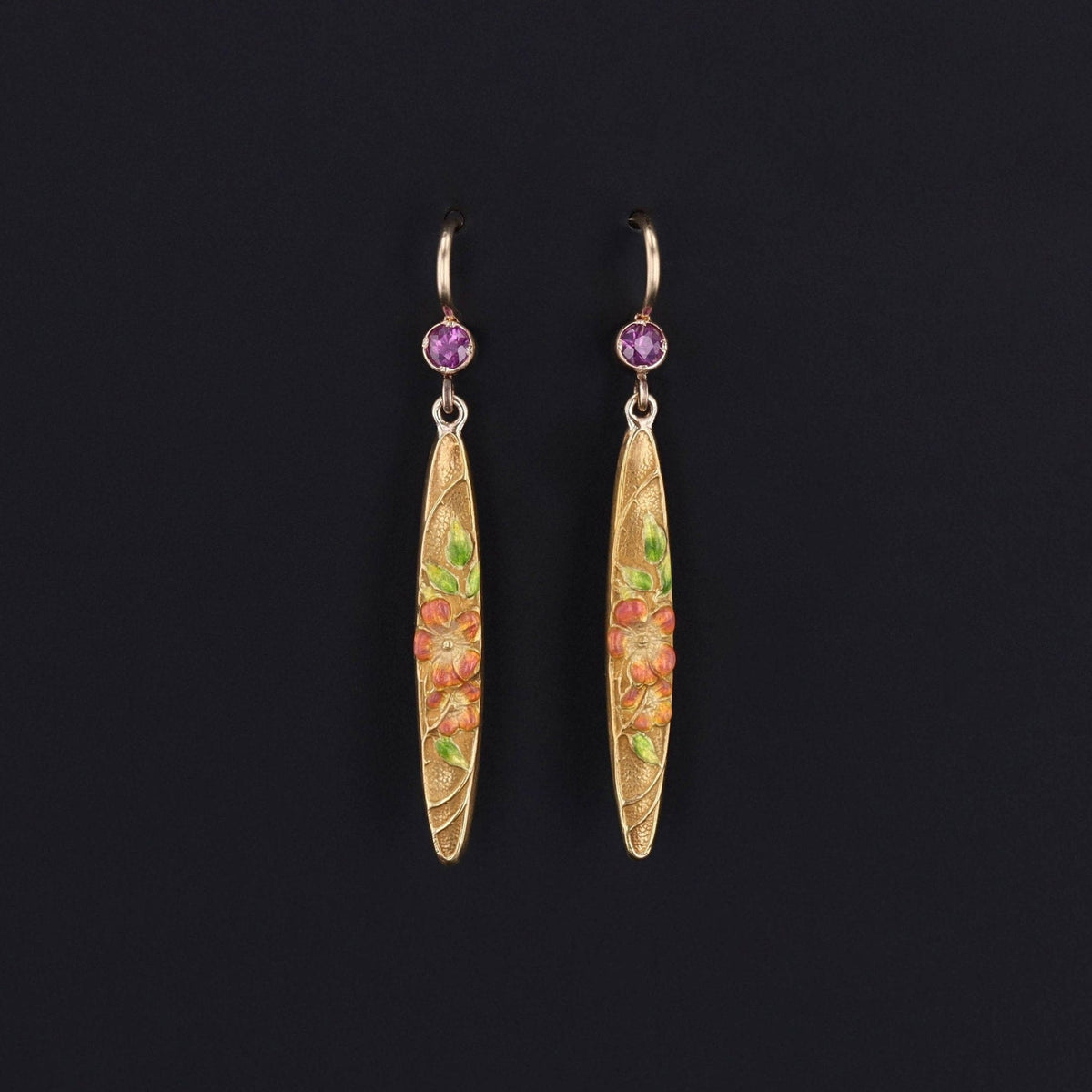 Antique Enamel and Pink Sapphire Conversion Earrings of 14k Gold - Trademark Antiques