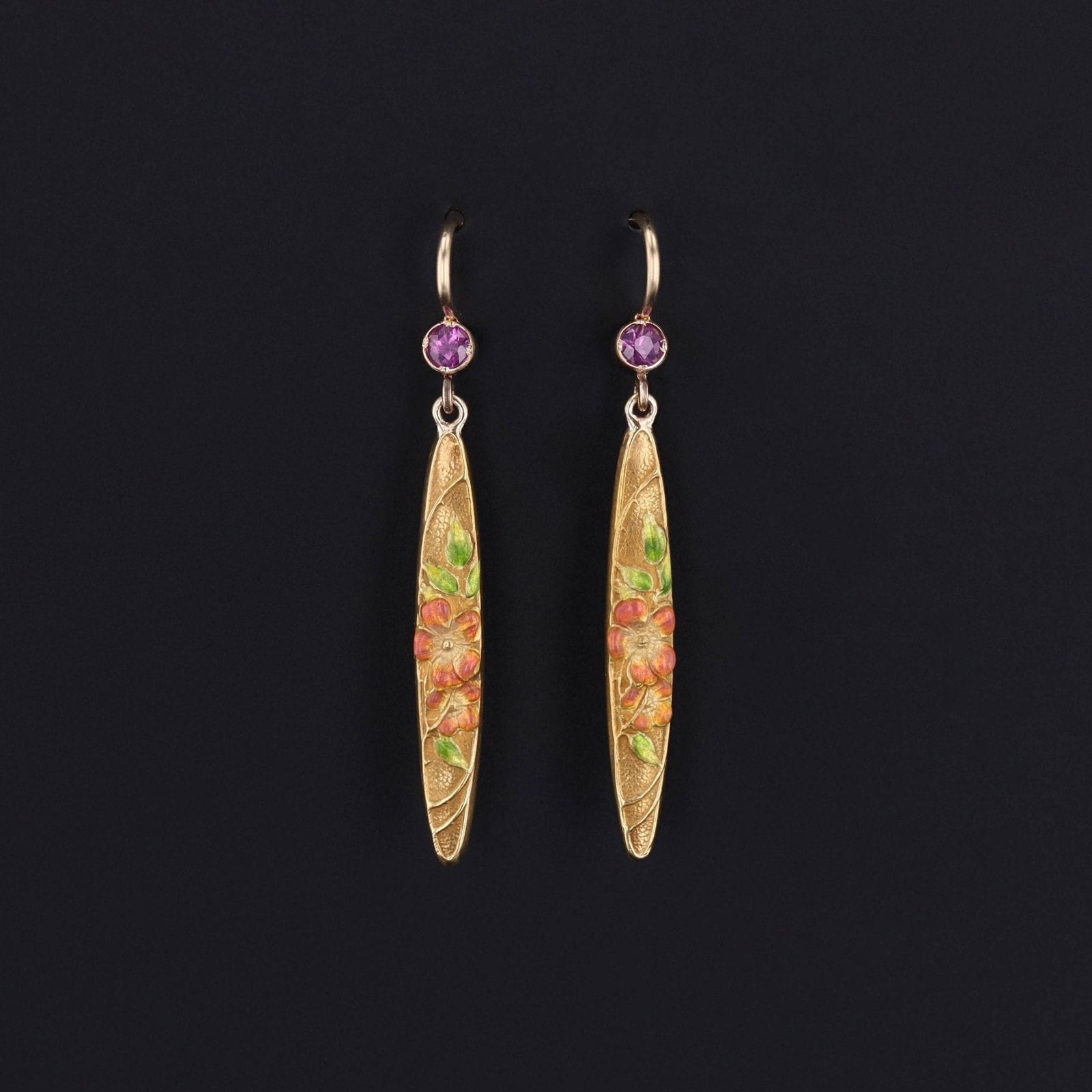 Antique Enamel and Pink Sapphire Conversion Earrings of 14k Gold - Trademark Antiques