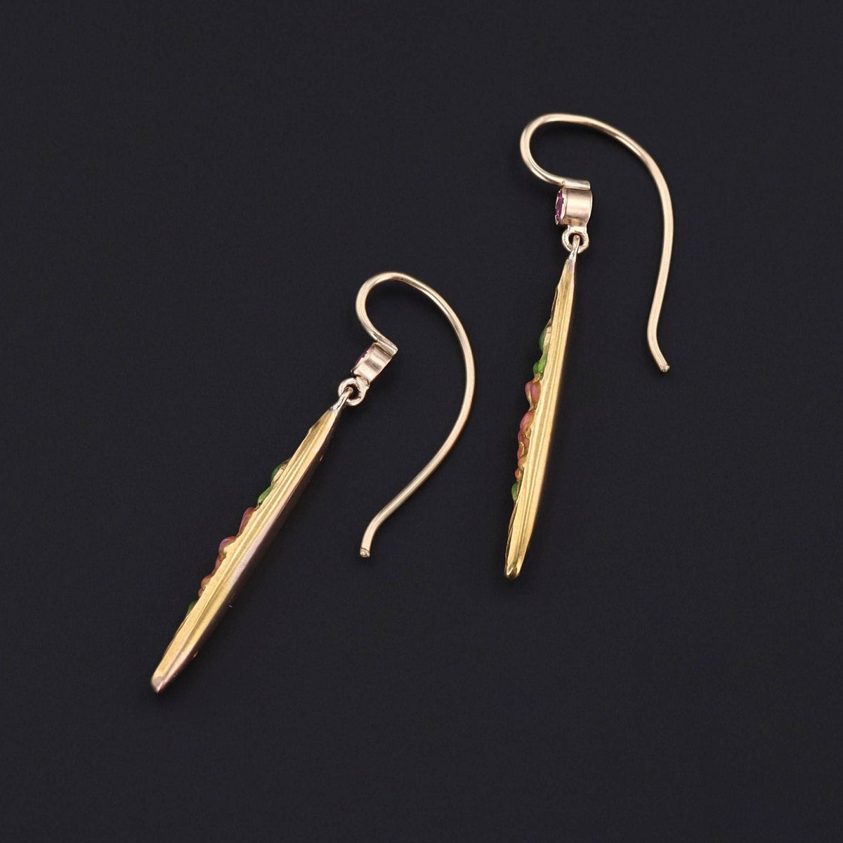Antique Enamel and Pink Sapphire Conversion Earrings of 14k Gold - Trademark Antiques