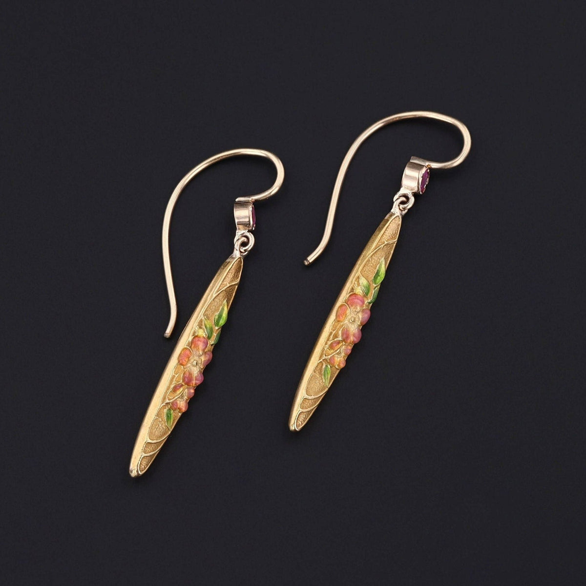 Antique Enamel and Pink Sapphire Conversion Earrings of 14k Gold - Trademark Antiques