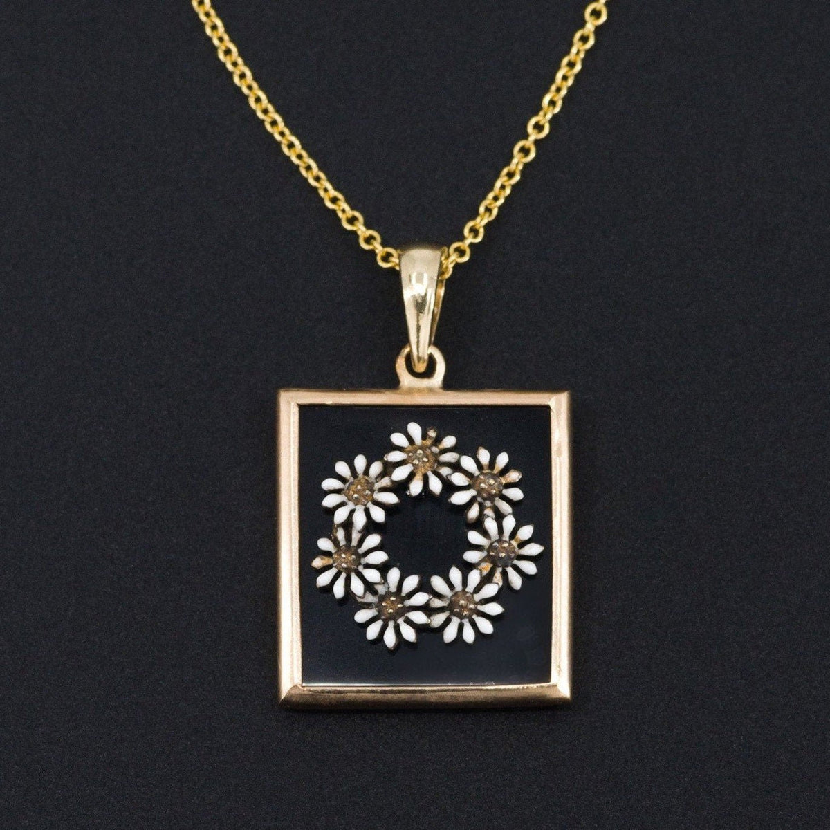 Antique Enamel Daisy on Onyx Conversion Pendant of 14k Gold - Trademark Antiques