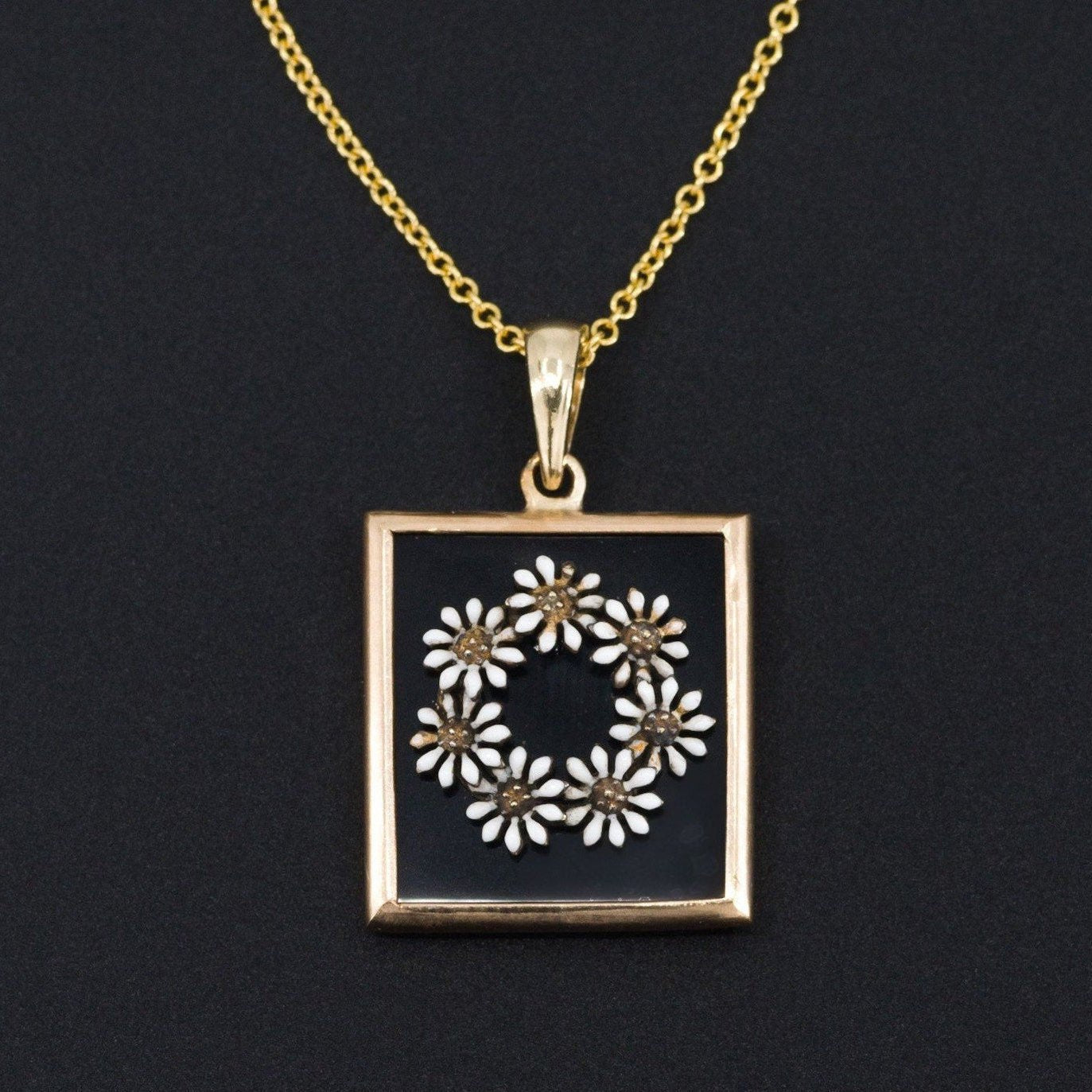 Antique Enamel Daisy on Onyx Conversion Pendant of 14k Gold - Trademark Antiques