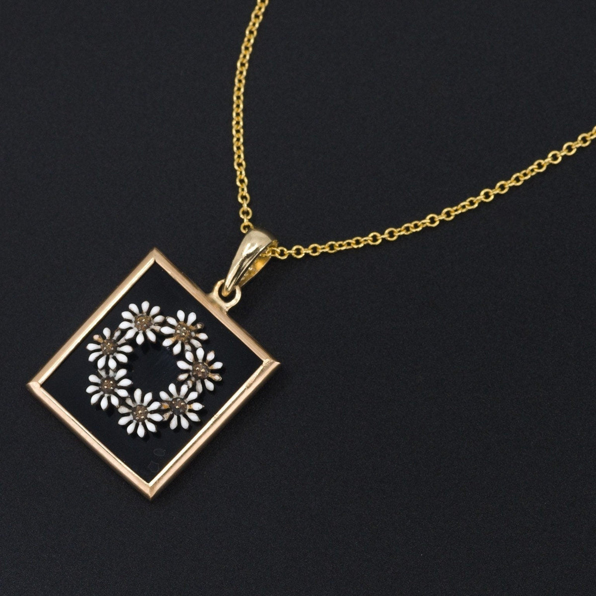 Antique Enamel Daisy on Onyx Conversion Pendant of 14k Gold - Trademark Antiques
