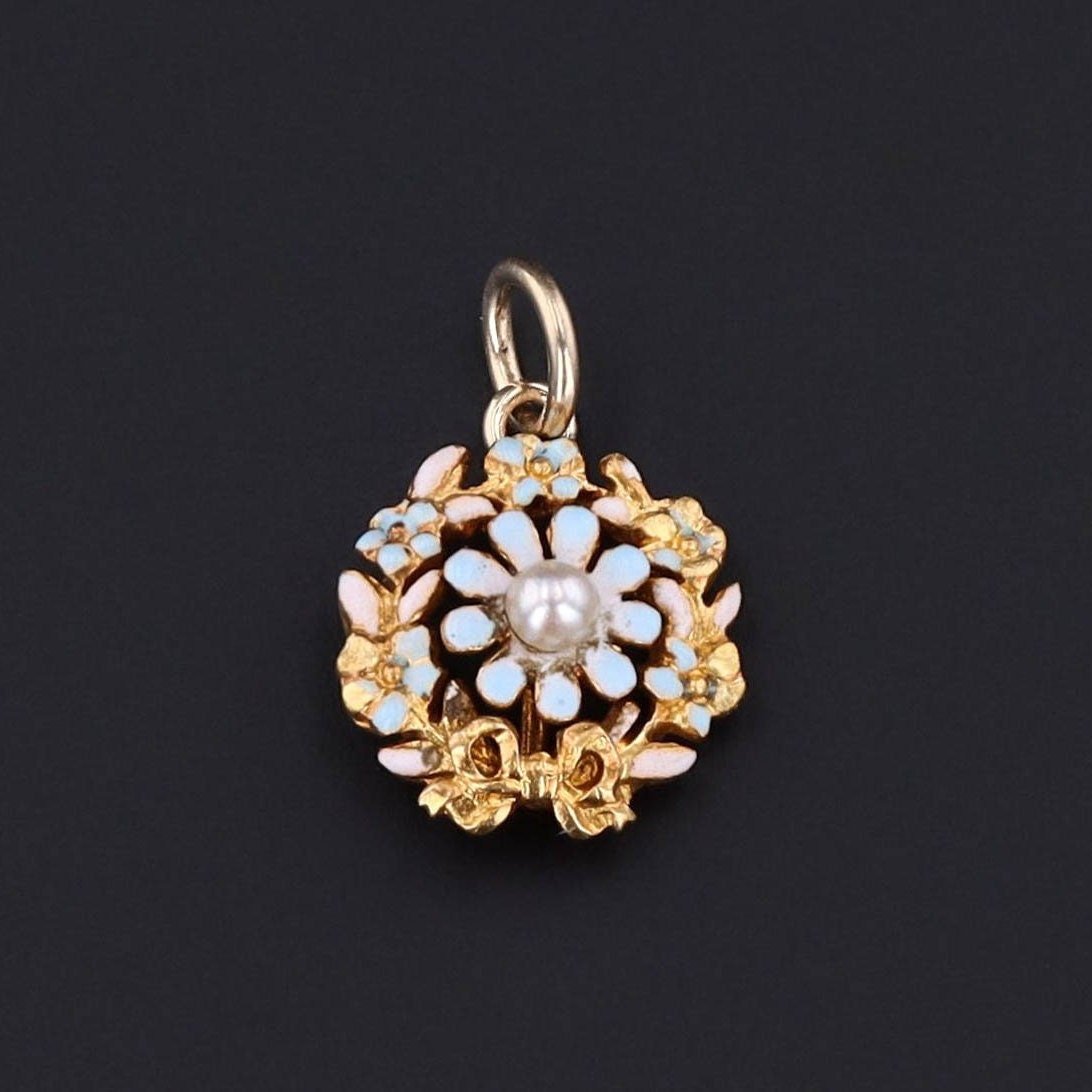 Antique Enamel Daisy with Pearl Conversion Charm of 14k Gold - Trademark Antiques