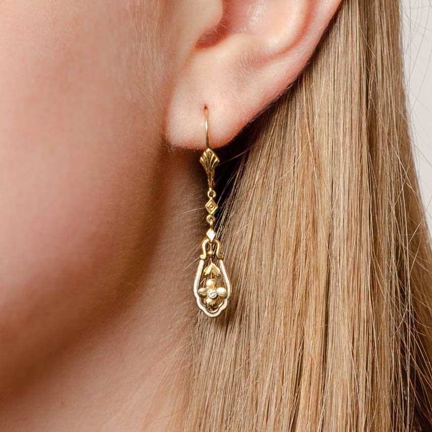 Antique Enamel Flower Earrings of 14k Gold - Trademark Antiques