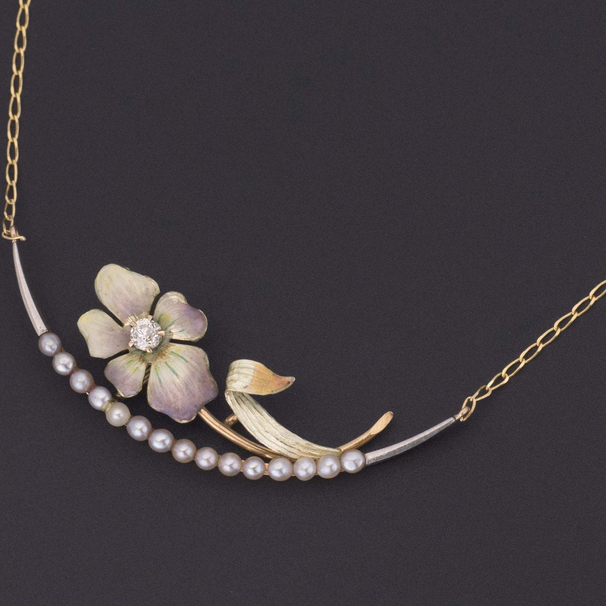Antique Enamel Flower Necklace | 14k Gold Necklace - Trademark Antiques