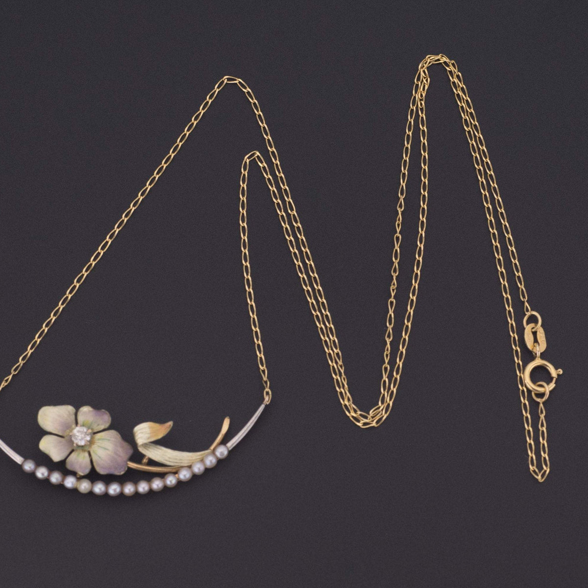 Antique Enamel Flower Necklace | 14k Gold Necklace - Trademark Antiques