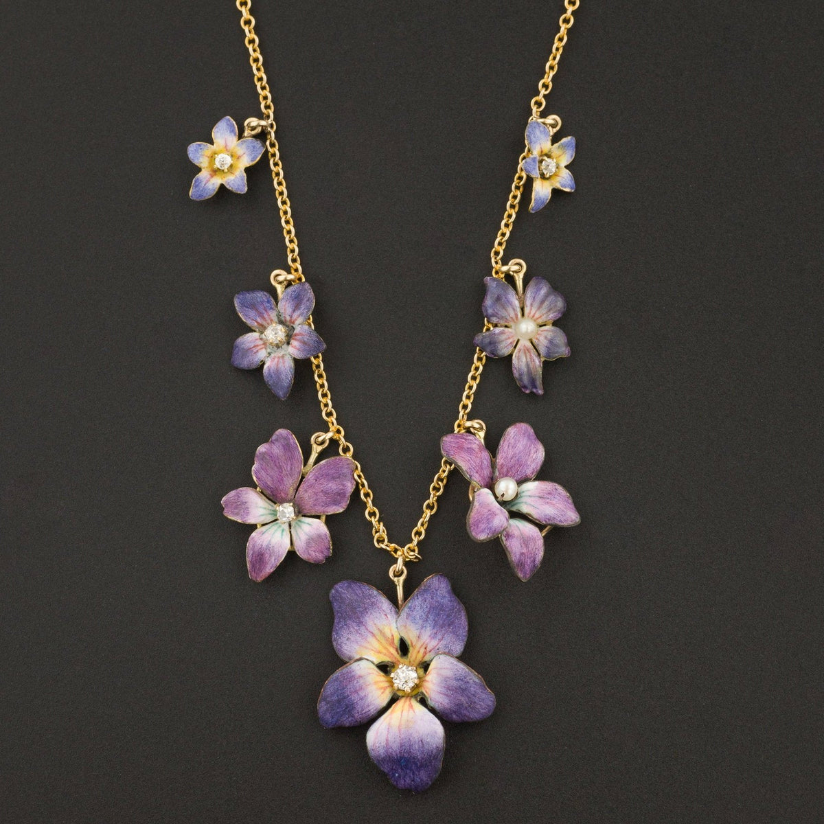 Antique Enamel Flower Necklace | Pin Conversion Necklace - Trademark Antiques