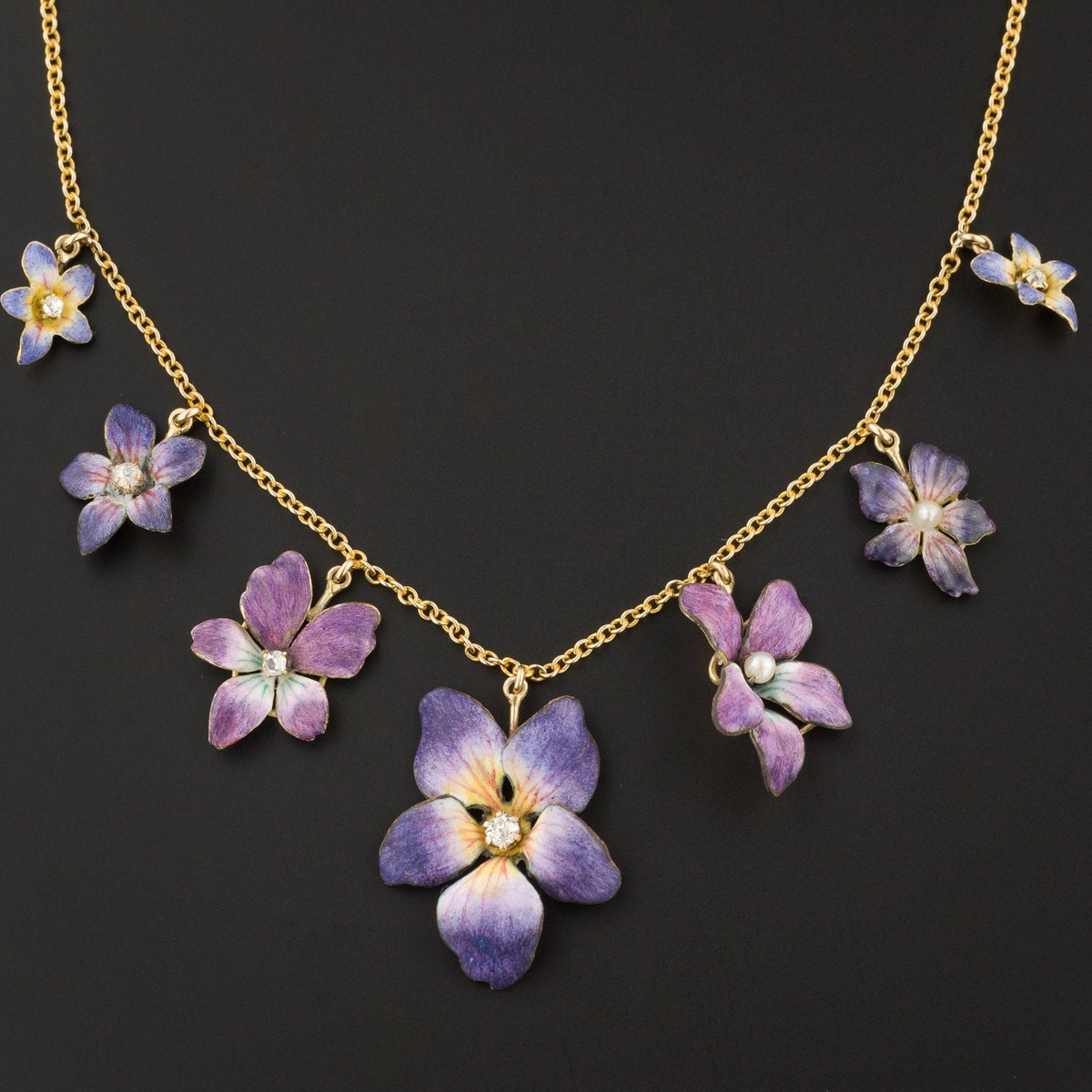 Antique Enamel Flower Necklace | Pin Conversion Necklace - Trademark Antiques