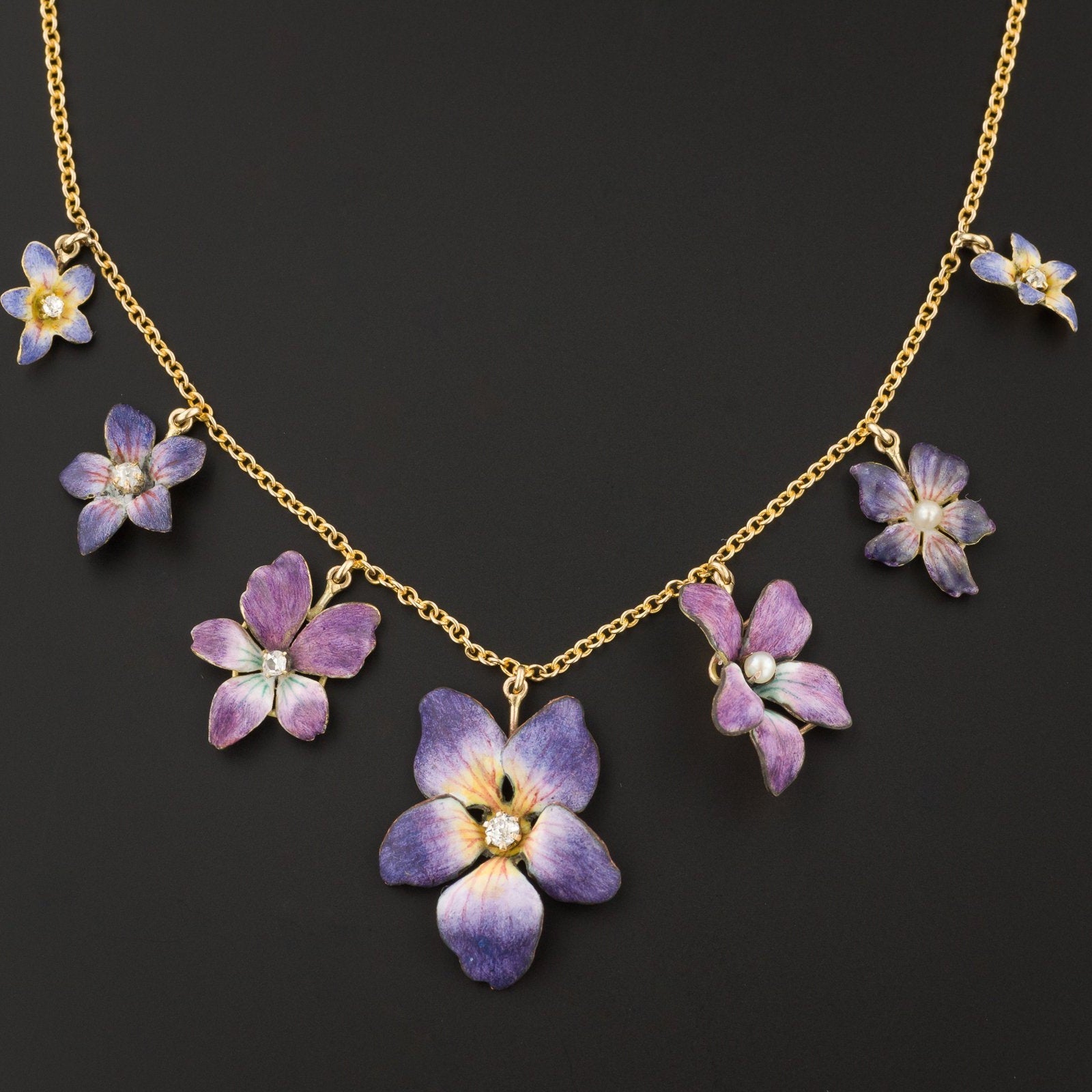 Antique Enamel Flower Necklace | Pin Conversion Necklace - Trademark Antiques