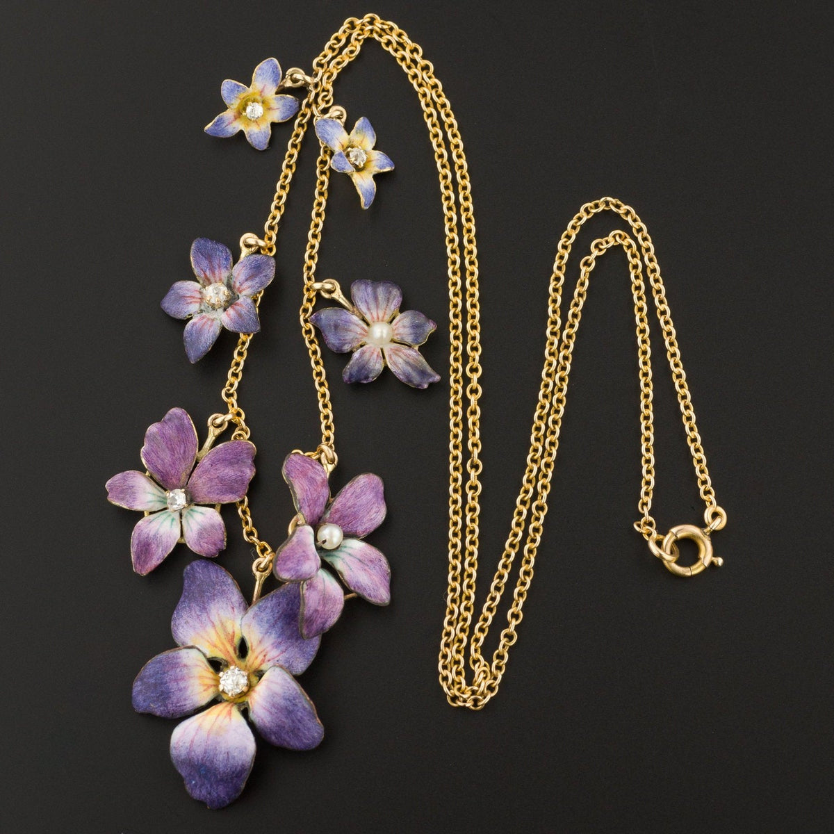 Antique Enamel Flower Necklace | Pin Conversion Necklace - Trademark Antiques