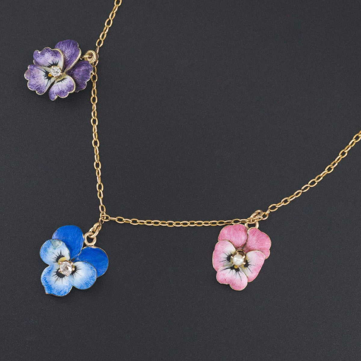 Antique Enamel Flower Necklace | Pin Conversion Necklace - Trademark Antiques