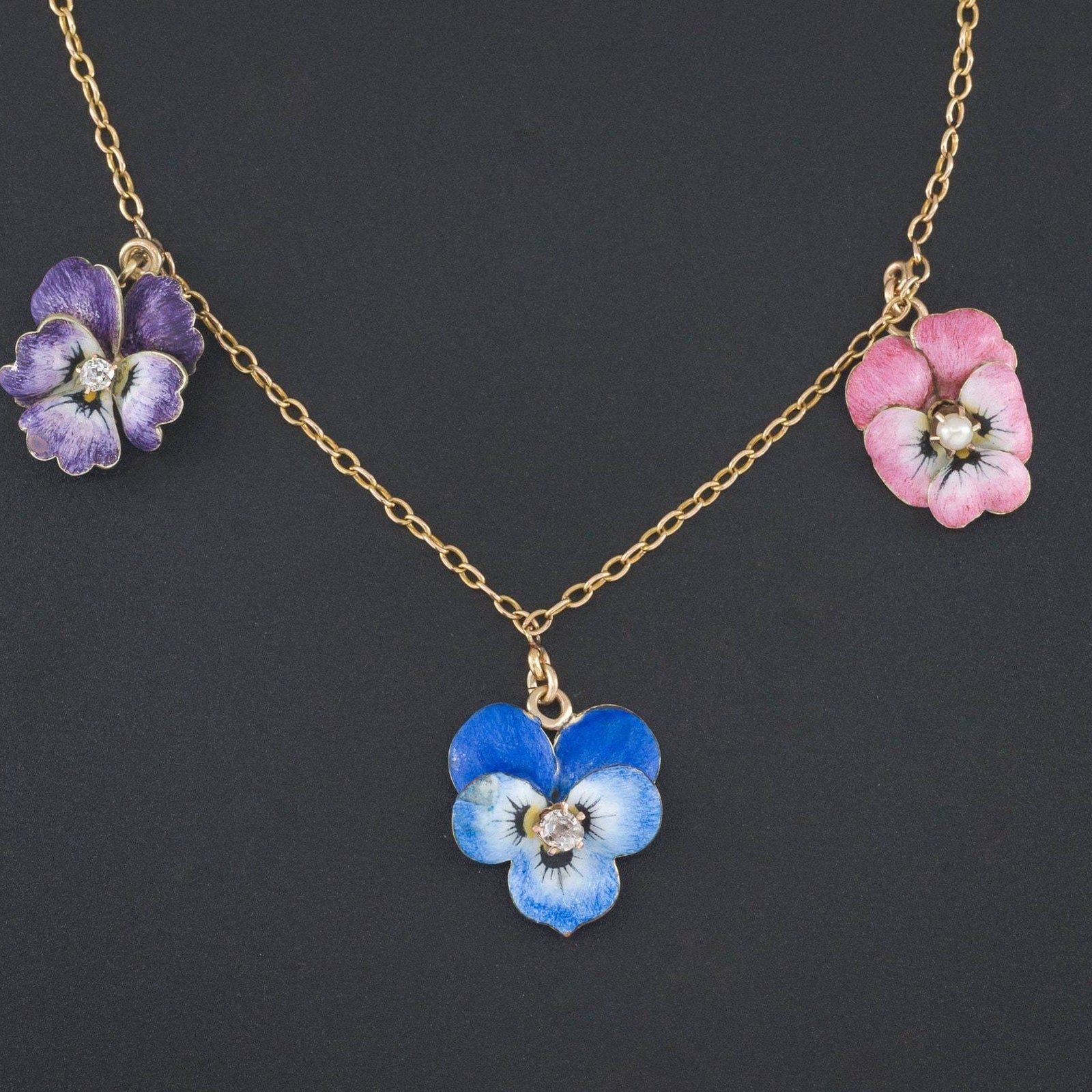 Antique Enamel Flower Necklace | Pin Conversion Necklace - Trademark Antiques