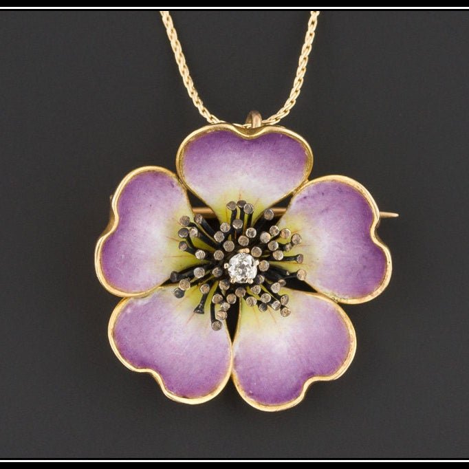 Antique Enamel Flower Pendant or Brooch of 14k Gold - Trademark Antiques