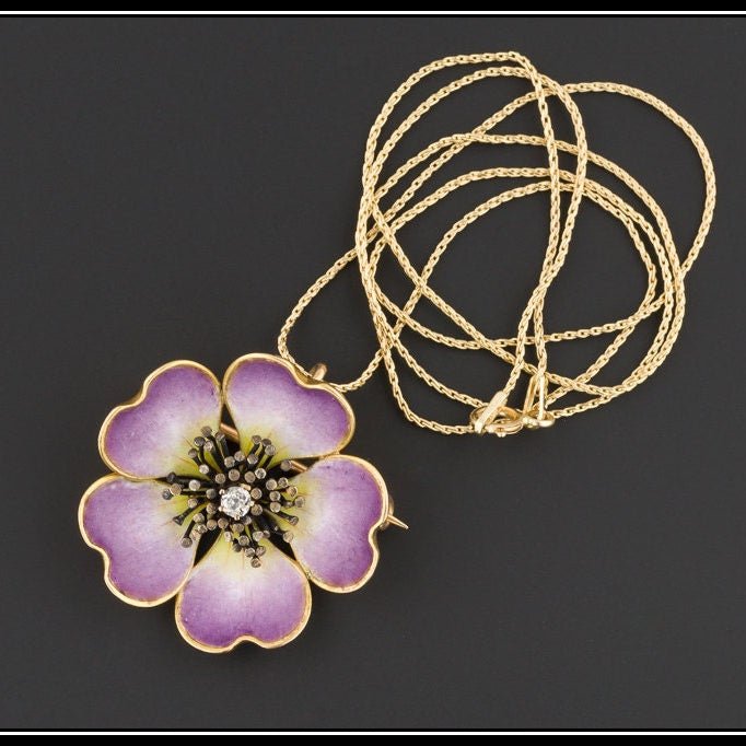 Antique Enamel Flower Pendant or Brooch of 14k Gold - Trademark Antiques