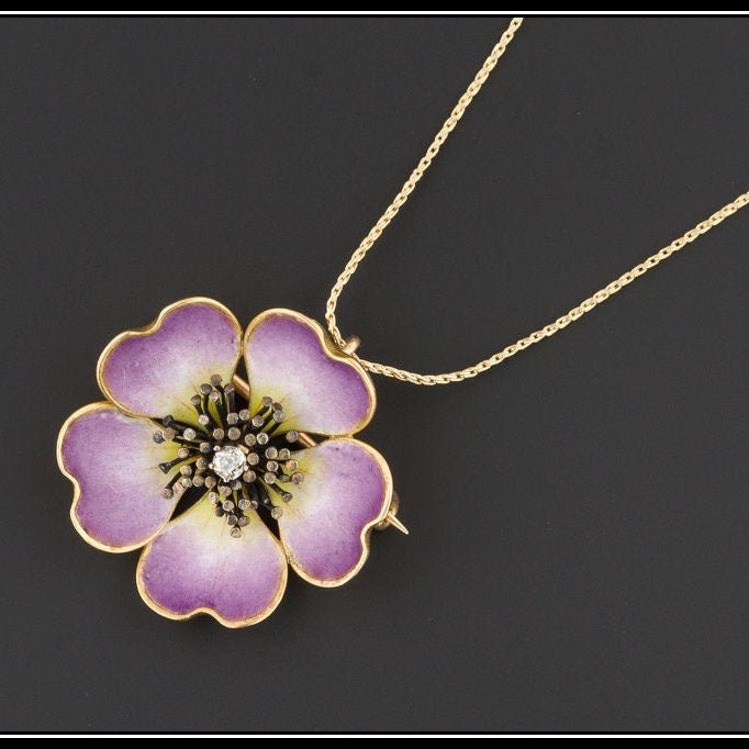 Antique Enamel Flower Pendant or Brooch of 14k Gold - Trademark Antiques