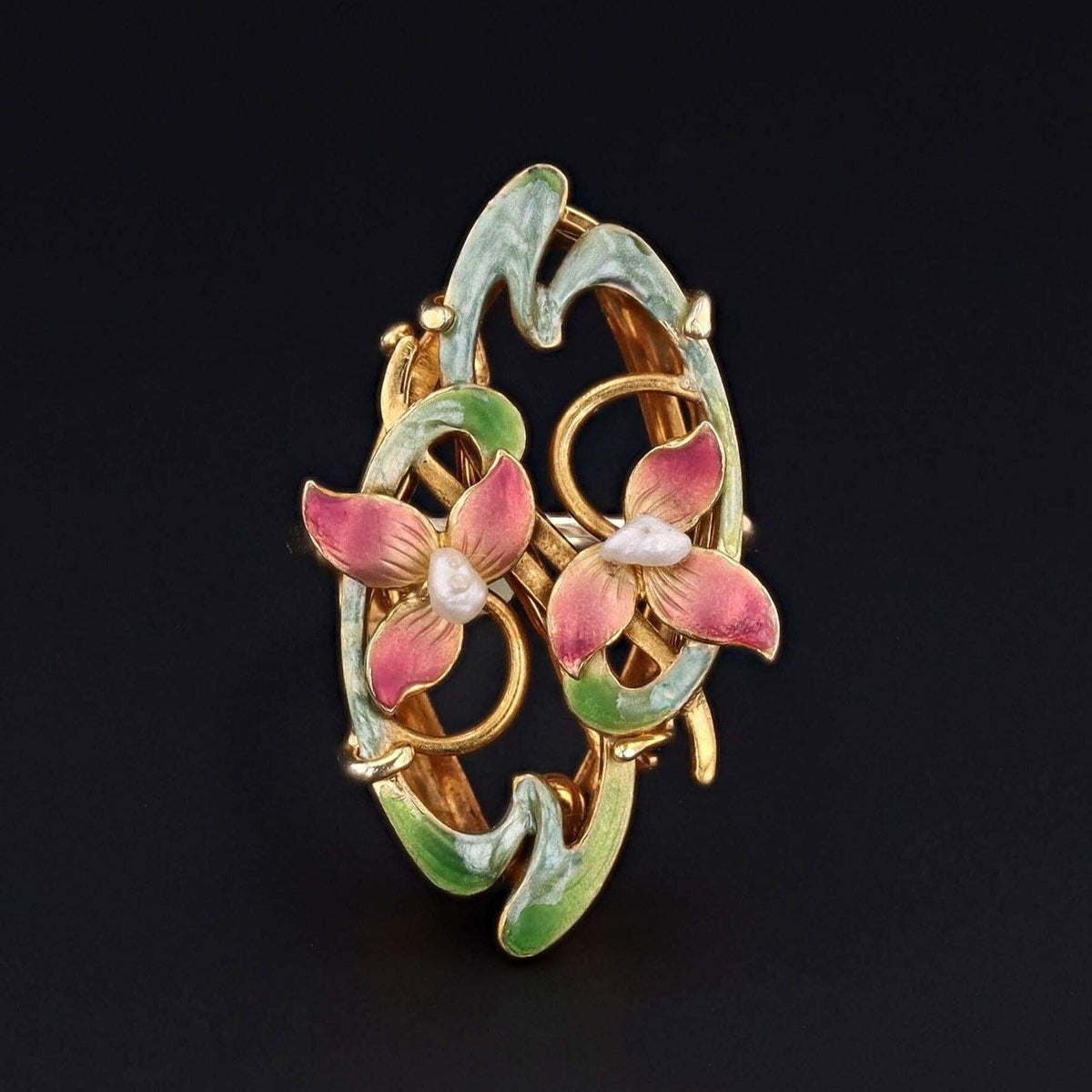 Antique Enamel Flower Ring | 14k Gold Enamel &amp; Pearl Ring - Trademark Antiques