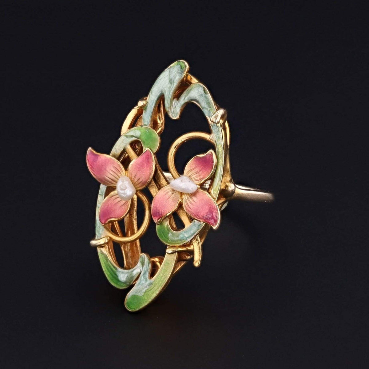 Antique Enamel Flower Ring | 14k Gold Enamel &amp; Pearl Ring - Trademark Antiques